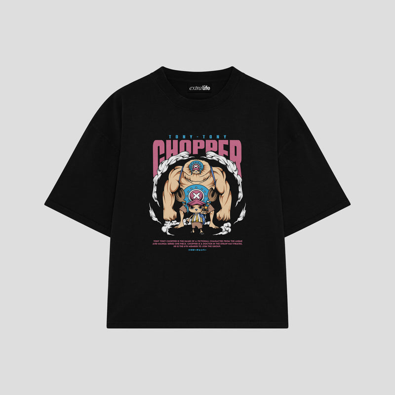 Playera streetwear premium de anime y gaming ExtraLife MX, corte boxy oversized drop shoulder heavyweight en color Deep Black y Off-White, moda urbana mexicana de culto.