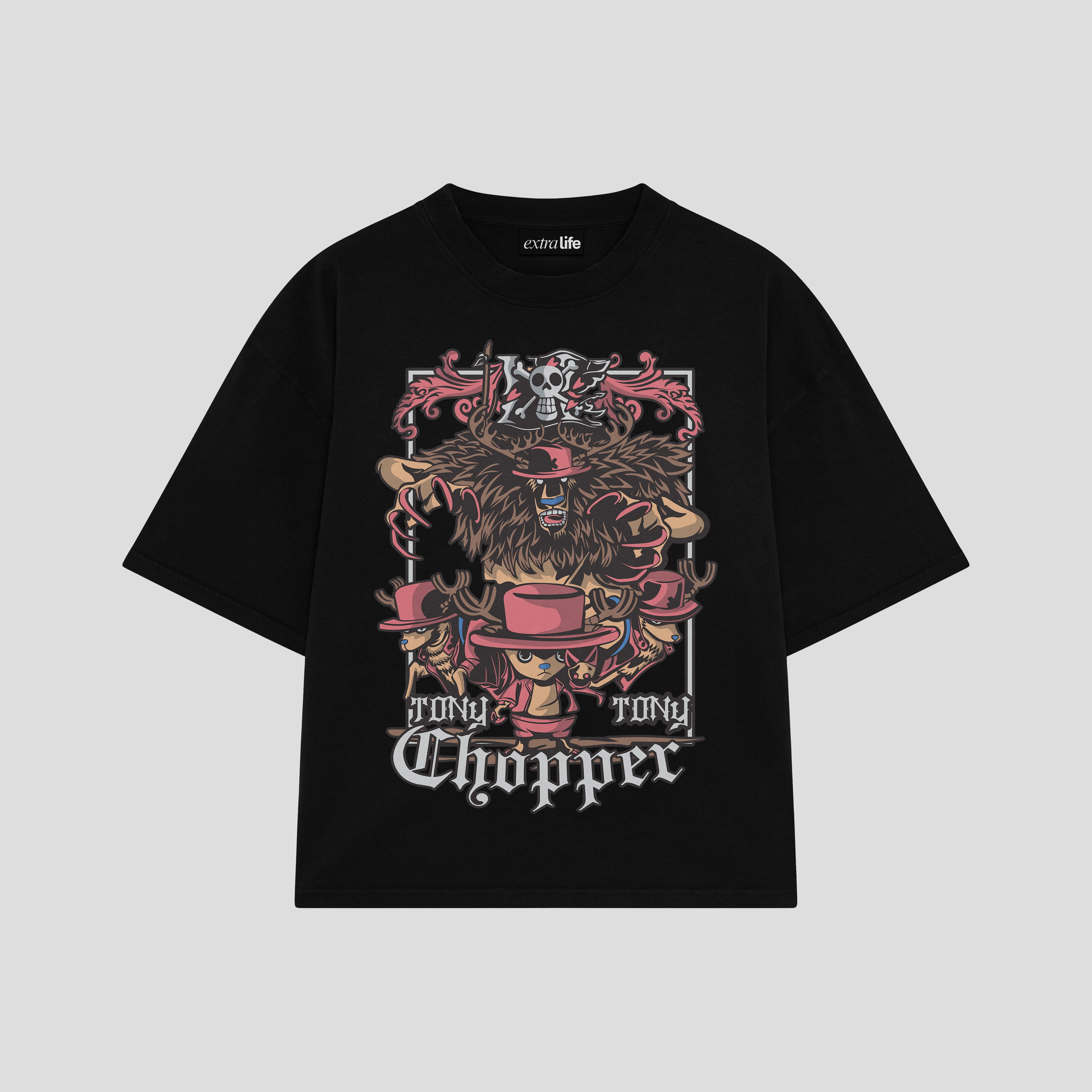 Playera streetwear premium de anime y gaming ExtraLife MX, corte boxy oversized drop shoulder heavyweight en color Deep Black y Off-White, moda urbana mexicana de culto.