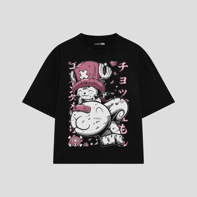 Playera streetwear premium de anime y gaming ExtraLife MX, corte boxy oversized drop shoulder heavyweight en color Deep Black y Off-White, moda urbana mexicana de culto.