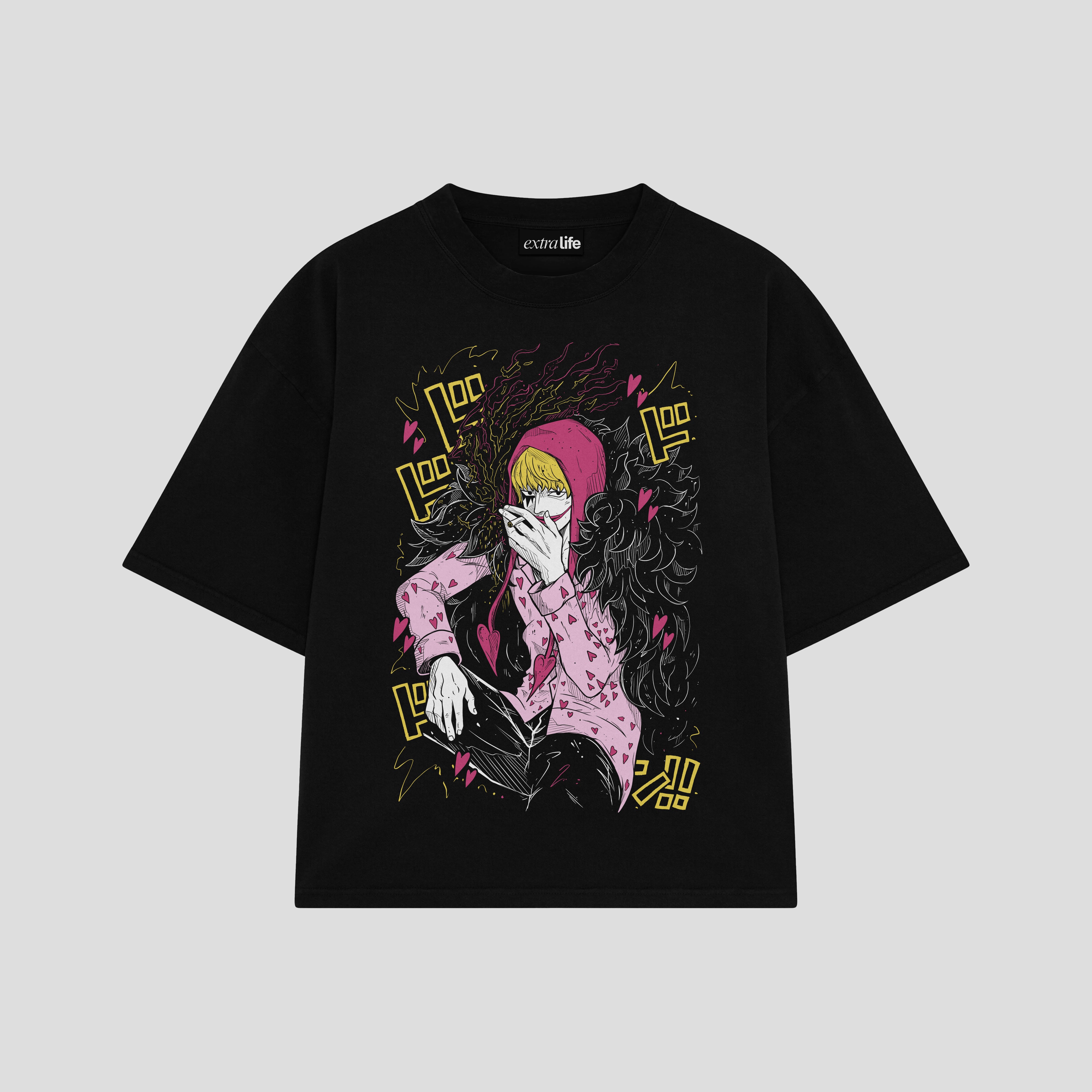 Playera streetwear premium de anime y gaming ExtraLife MX, corte boxy oversized drop shoulder heavyweight en color Deep Black y Off-White, moda urbana mexicana de culto.