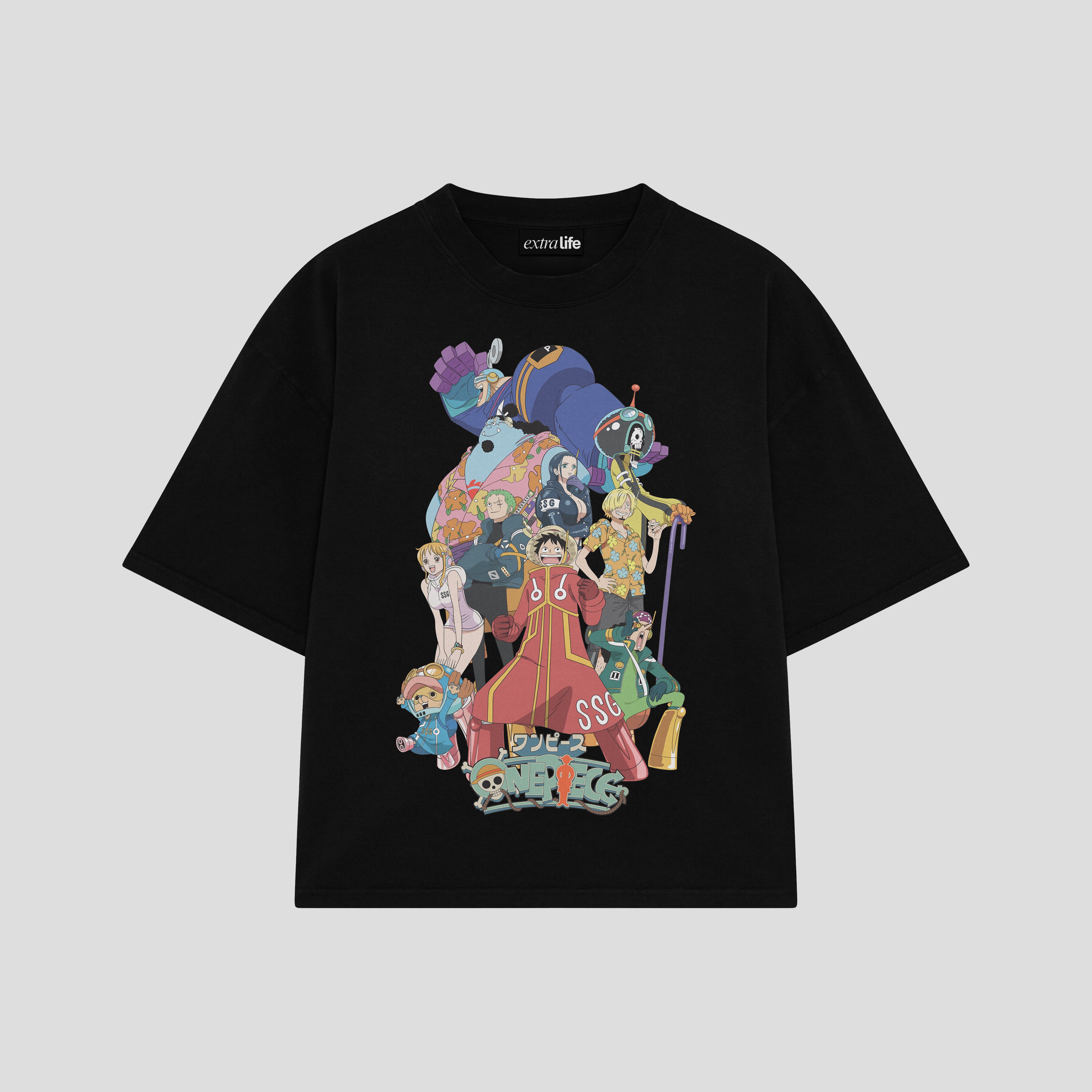Playera streetwear premium de anime y gaming ExtraLife MX, corte boxy oversized drop shoulder heavyweight en color Deep Black y Off-White, moda urbana mexicana de culto.