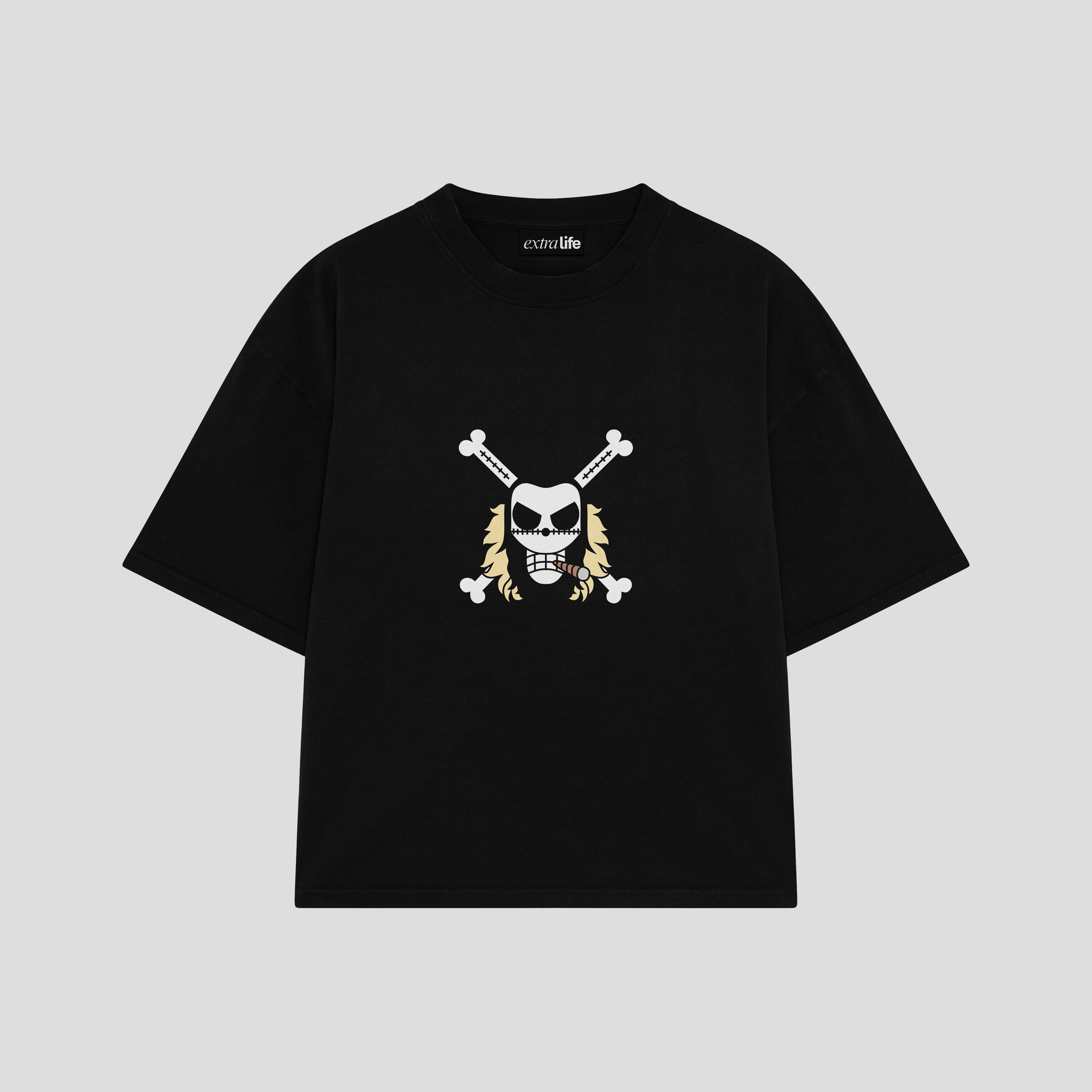 Playera streetwear premium de anime y gaming ExtraLife MX, corte boxy oversized drop shoulder heavyweight en color Deep Black y Off-White, moda urbana mexicana de culto.