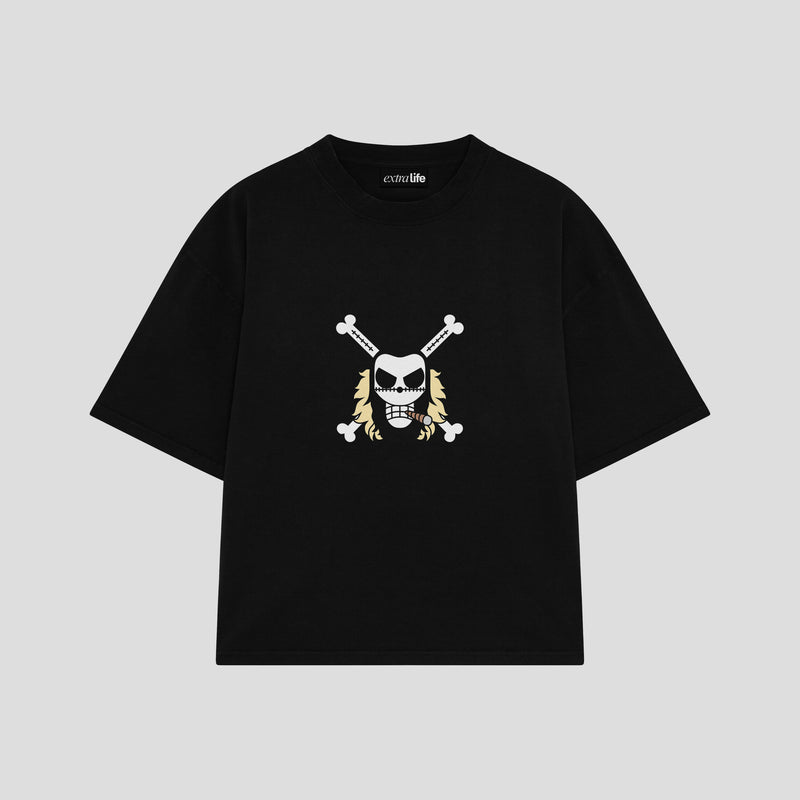 Playera streetwear premium de anime y gaming ExtraLife MX, corte boxy oversized drop shoulder heavyweight en color Deep Black y Off-White, moda urbana mexicana de culto.
