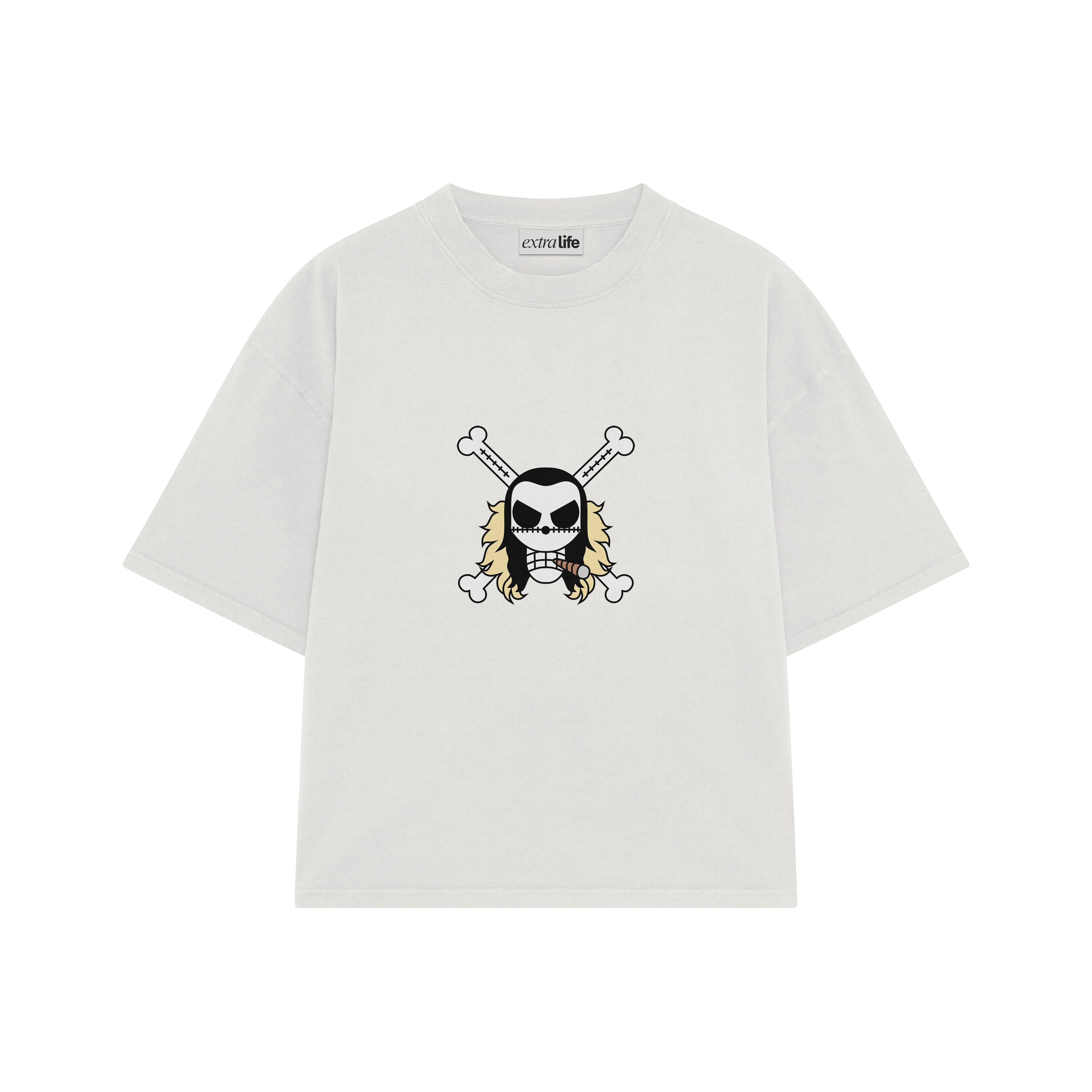 Playera streetwear premium de anime y gaming ExtraLife MX, corte boxy oversized drop shoulder heavyweight en color Deep Black y Off-White, moda urbana mexicana de culto.