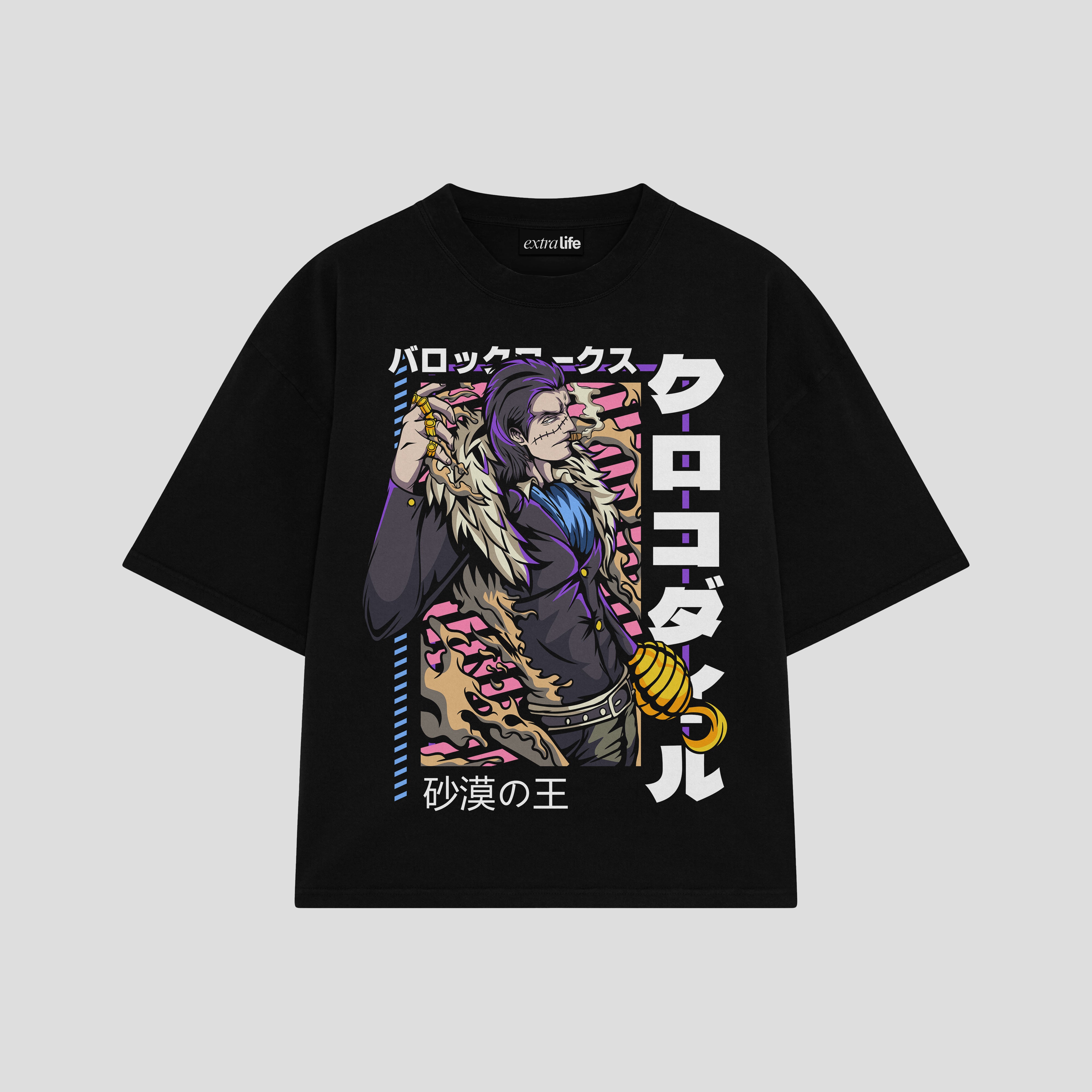 Playera streetwear premium de anime y gaming ExtraLife MX, corte boxy oversized drop shoulder heavyweight en color Deep Black y Off-White, moda urbana mexicana de culto.