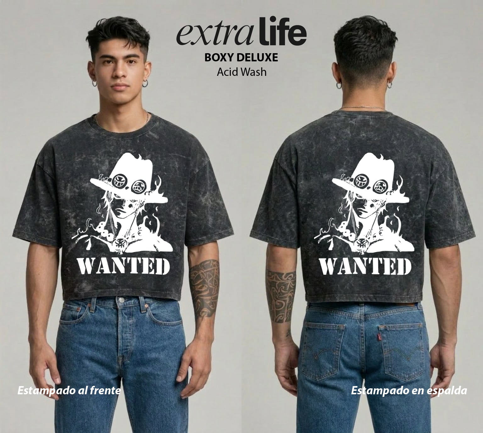 Playera streetwear premium de anime y gaming ExtraLife MX, corte boxy deluxe mineral wash heavyweight en color Acid Wash, moda urbana mexicana de culto.