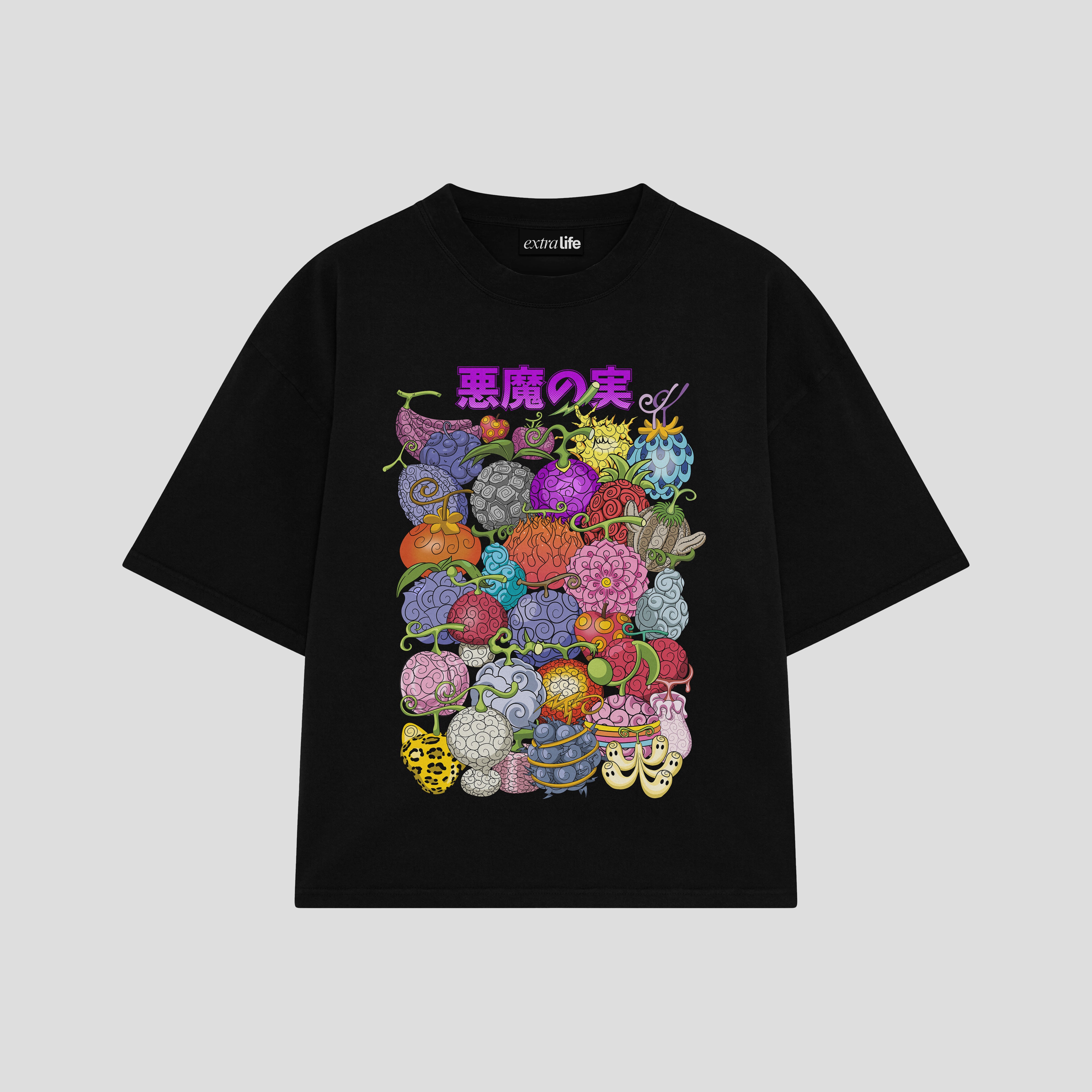 Playera streetwear premium de anime y gaming ExtraLife MX, corte boxy oversized drop shoulder heavyweight en color Deep Black y Off-White, moda urbana mexicana de culto.