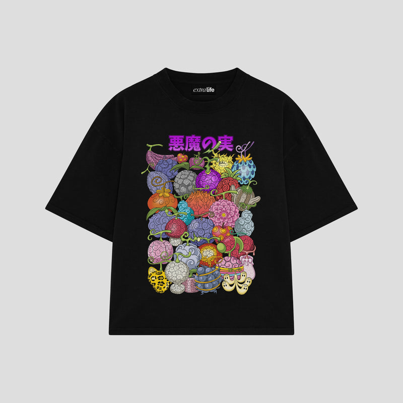 Playera streetwear premium de anime y gaming ExtraLife MX, corte boxy oversized drop shoulder heavyweight en color Deep Black y Off-White, moda urbana mexicana de culto.