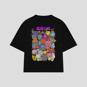 Playera streetwear premium de anime y gaming ExtraLife MX, corte boxy oversized drop shoulder heavyweight en color Deep Black y Off-White, moda urbana mexicana de culto.