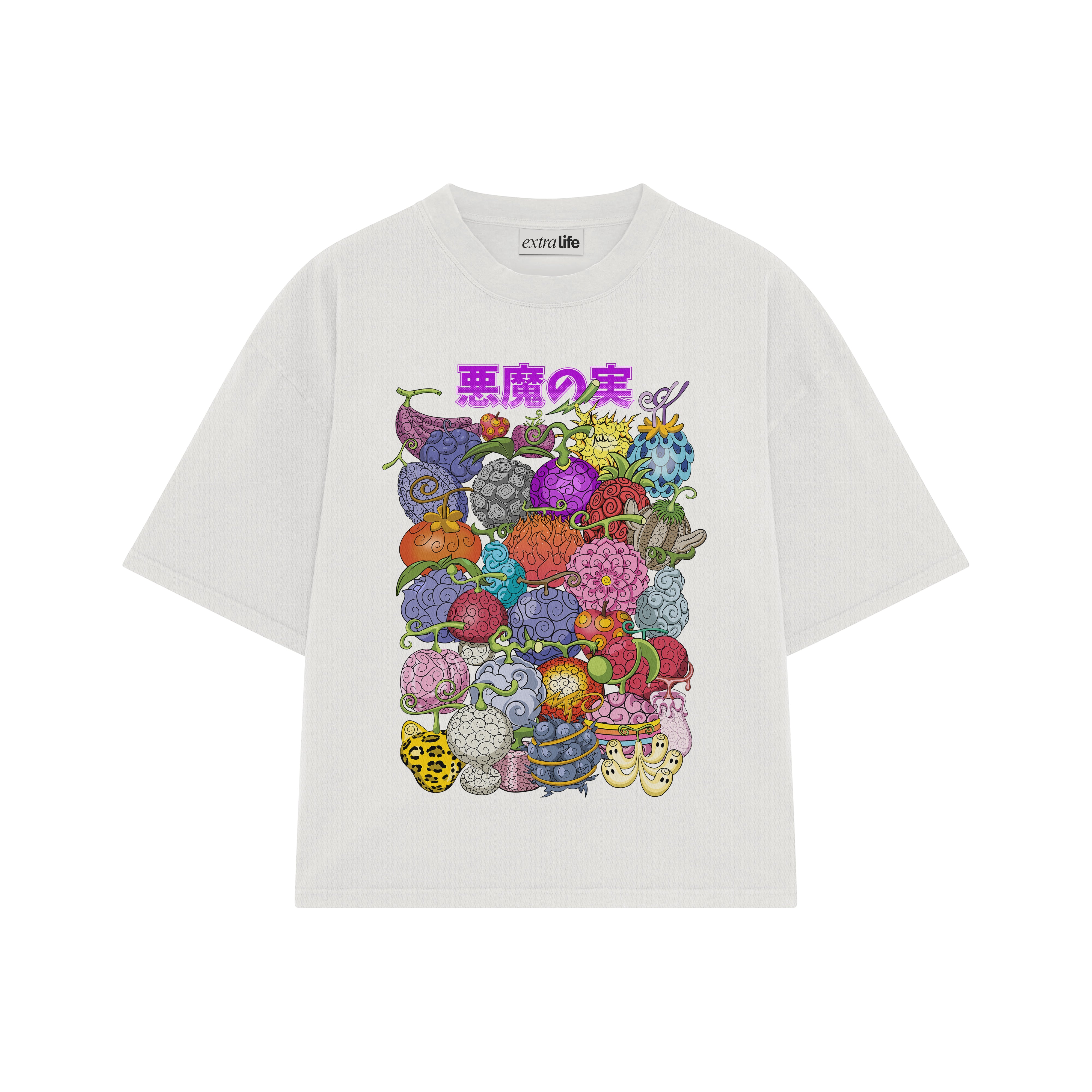 Playera streetwear premium de anime y gaming ExtraLife MX, corte boxy oversized drop shoulder heavyweight en color Deep Black y Off-White, moda urbana mexicana de culto.