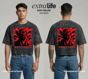 Playera streetwear premium de anime y gaming ExtraLife MX, corte boxy deluxe mineral wash heavyweight en color Acid Wash, moda urbana mexicana de culto.