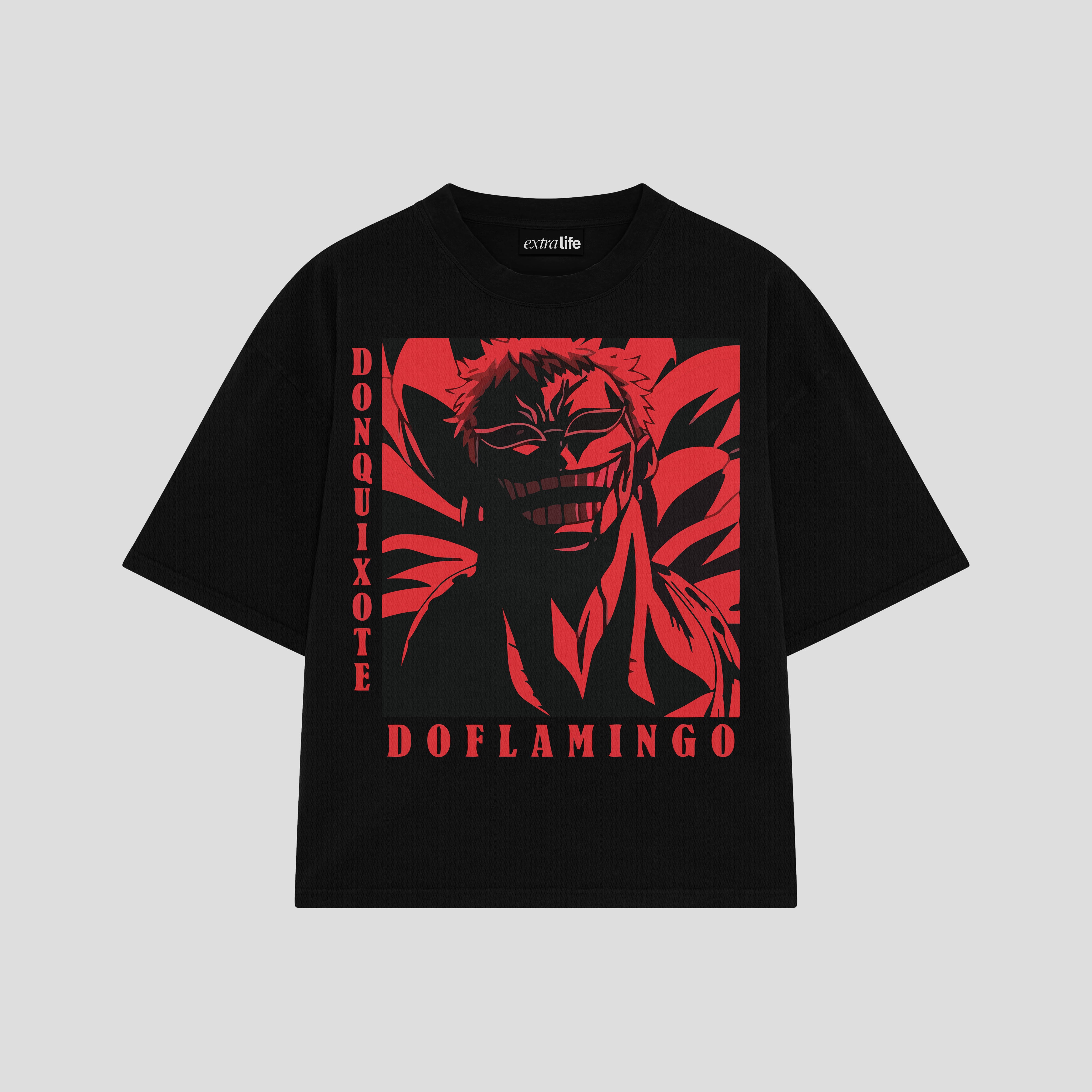 Playera streetwear premium de anime y gaming ExtraLife MX, corte boxy oversized drop shoulder heavyweight en color Deep Black y Off-White, moda urbana mexicana de culto.
