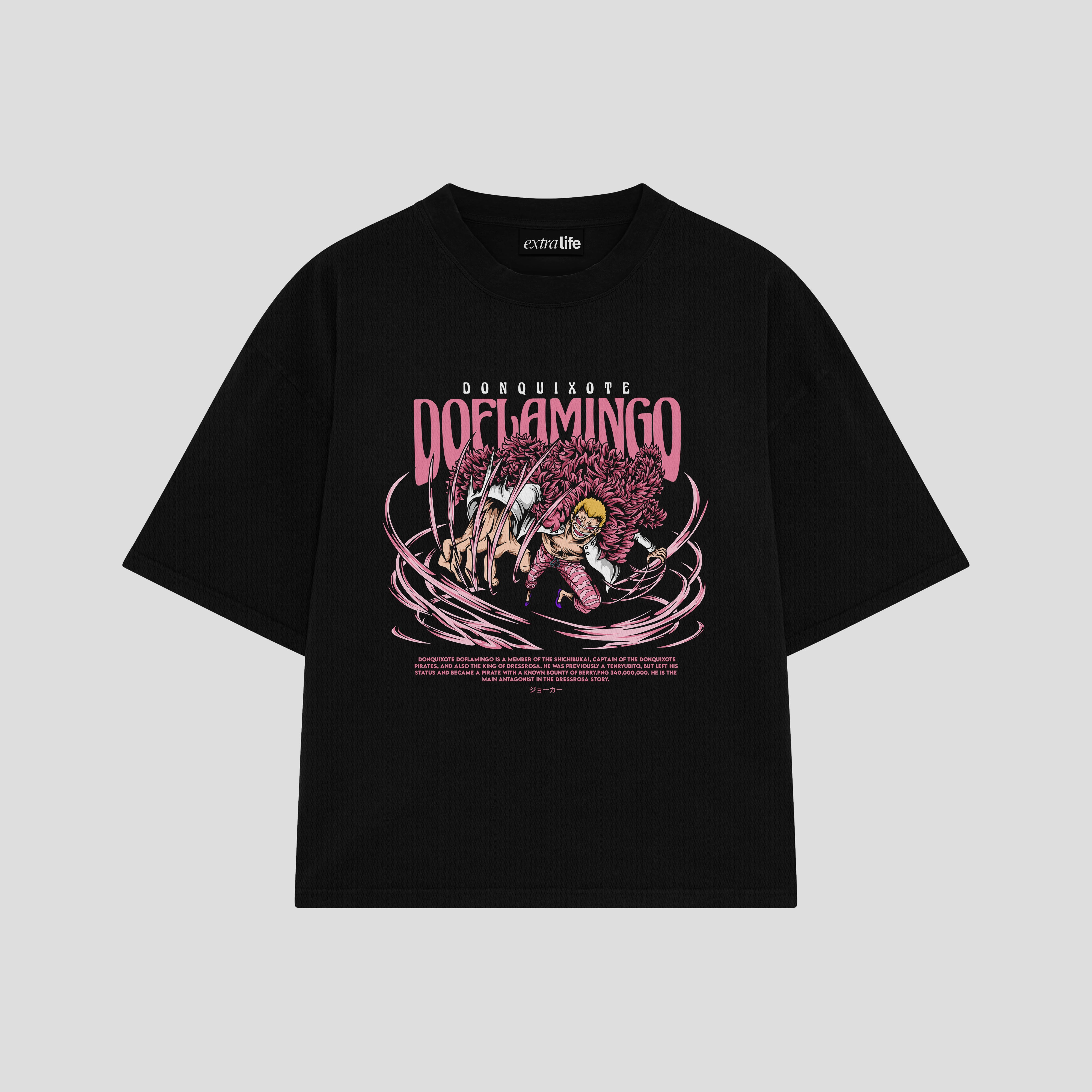 Playera streetwear premium de anime y gaming ExtraLife MX, corte boxy oversized drop shoulder heavyweight en color Deep Black y Off-White, moda urbana mexicana de culto.