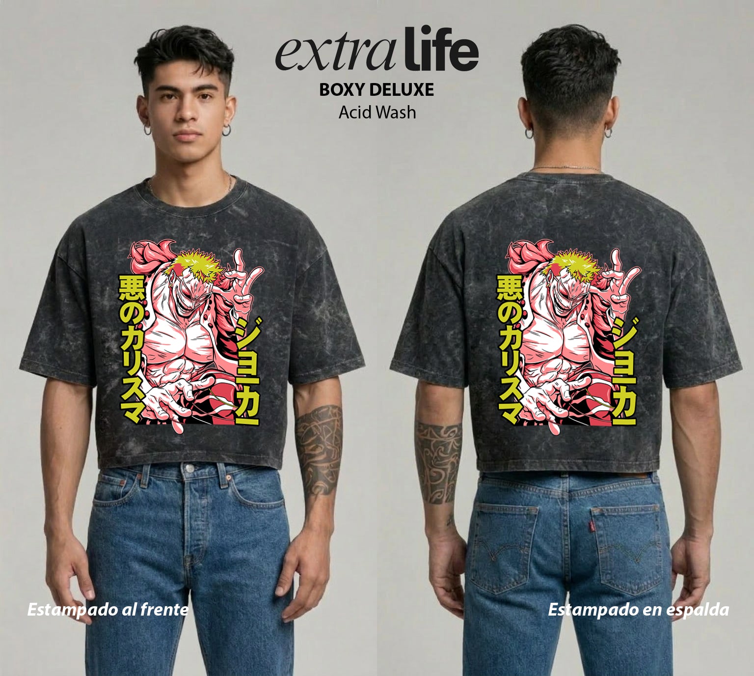 Playera streetwear premium de anime y gaming ExtraLife MX, corte boxy deluxe mineral wash heavyweight en color Acid Wash, moda urbana mexicana de culto.