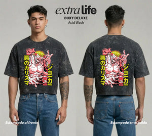 Playera streetwear premium de anime y gaming ExtraLife MX, corte boxy deluxe mineral wash heavyweight en color Acid Wash, moda urbana mexicana de culto.