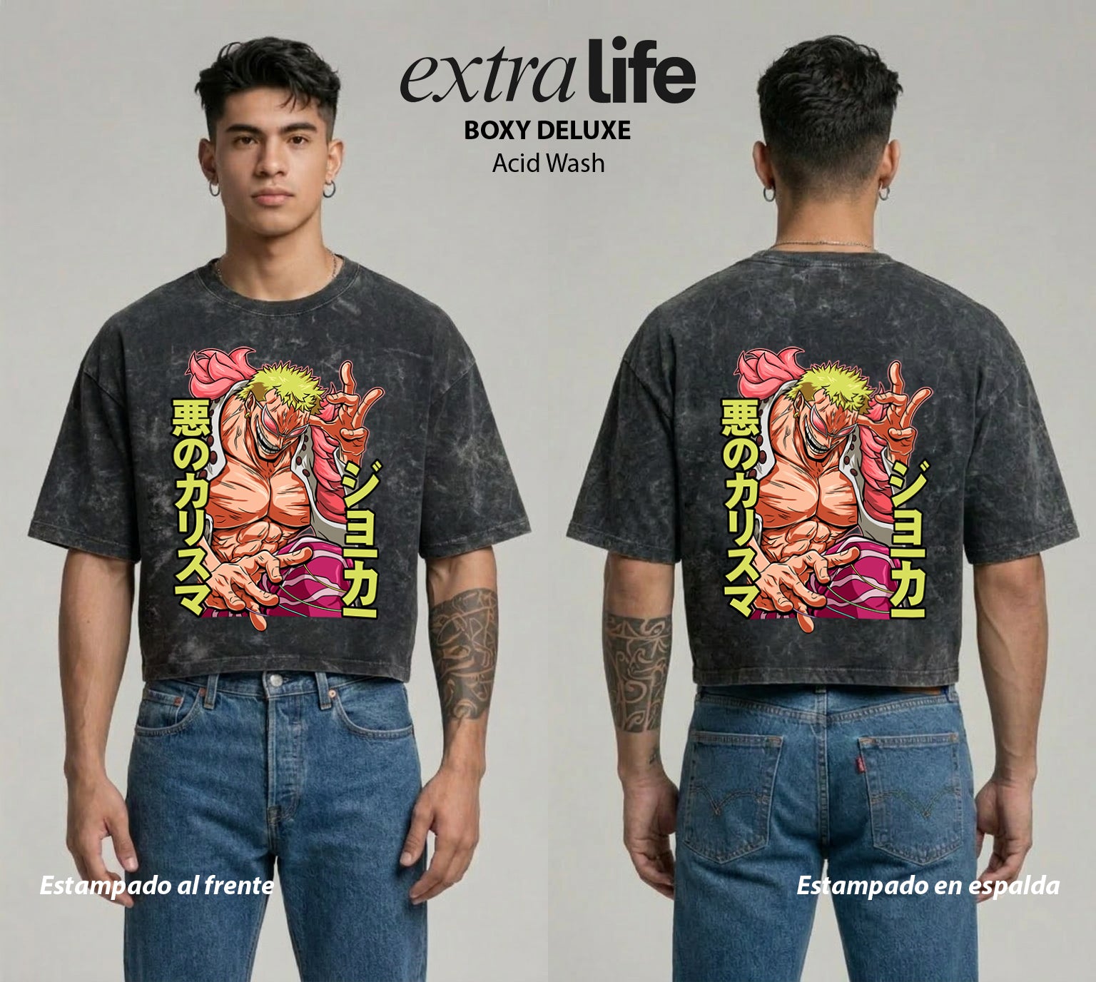 Playera streetwear premium de anime y gaming ExtraLife MX, corte boxy deluxe mineral wash heavyweight en color Acid Wash, moda urbana mexicana de culto.