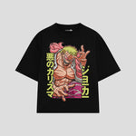Playera streetwear premium de anime y gaming ExtraLife MX, corte boxy oversized drop shoulder heavyweight en color Deep Black y Off-White, moda urbana mexicana de culto.