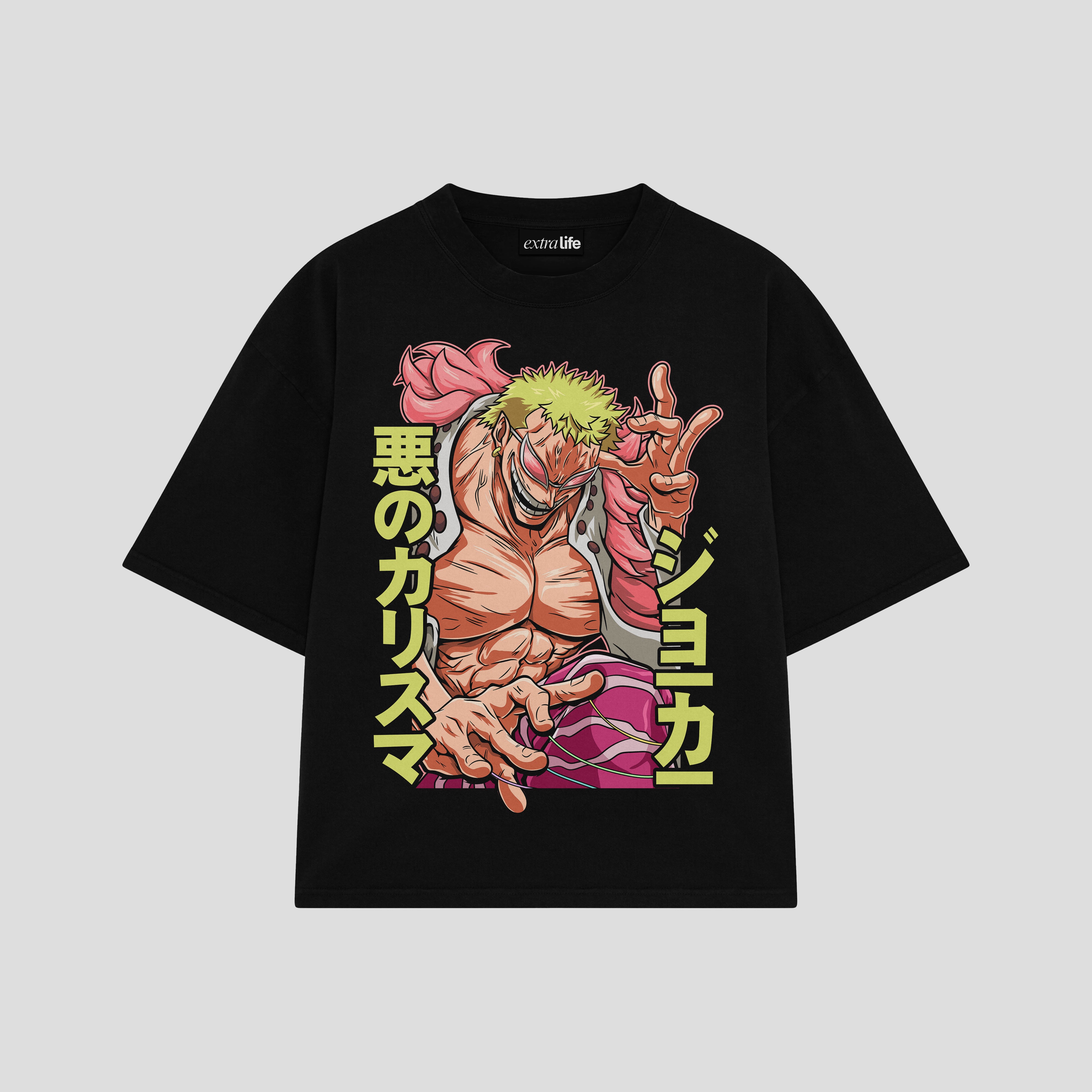 Playera streetwear premium de anime y gaming ExtraLife MX, corte boxy oversized drop shoulder heavyweight en color Deep Black y Off-White, moda urbana mexicana de culto.