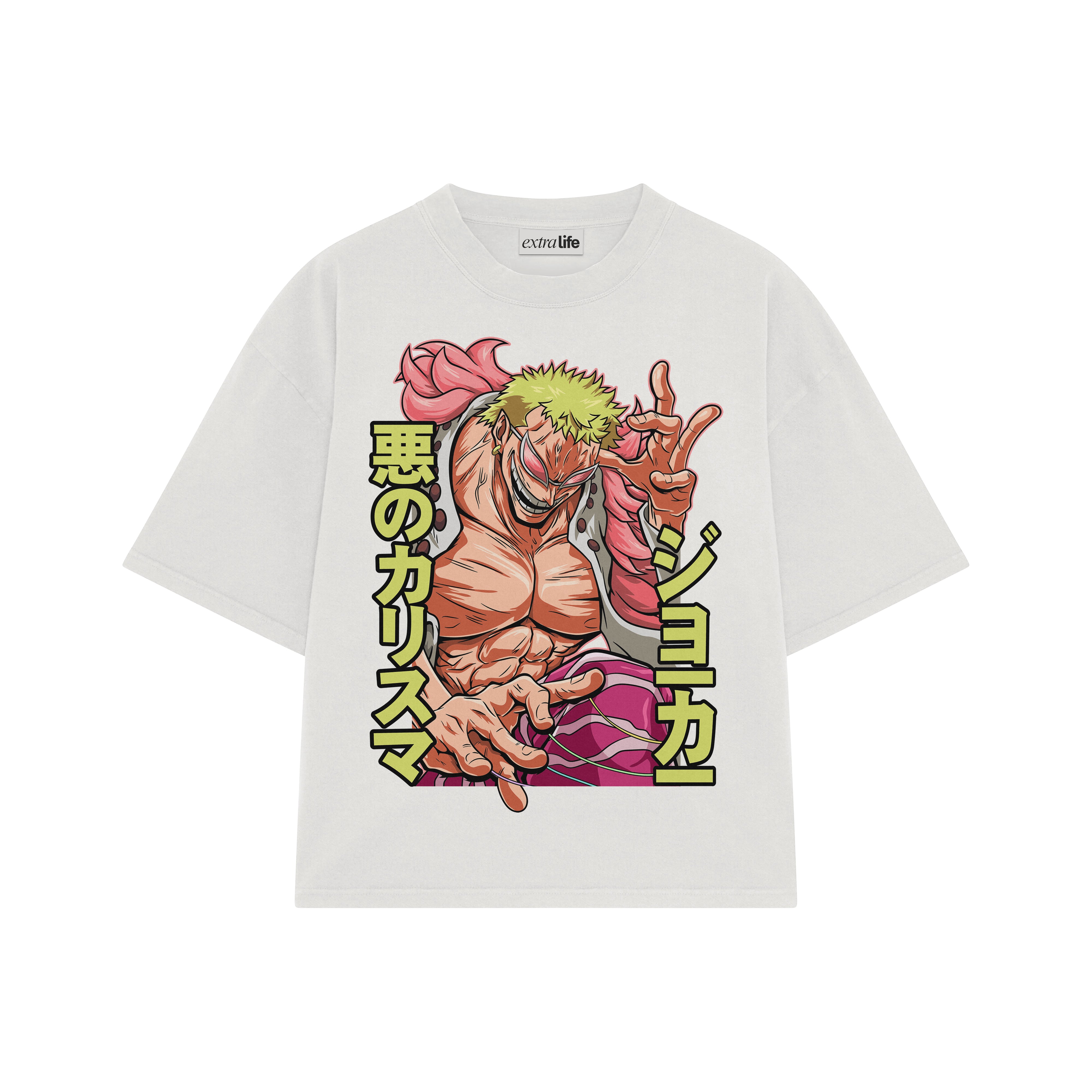 Playera streetwear premium de anime y gaming ExtraLife MX, corte boxy oversized drop shoulder heavyweight en color Deep Black y Off-White, moda urbana mexicana de culto.