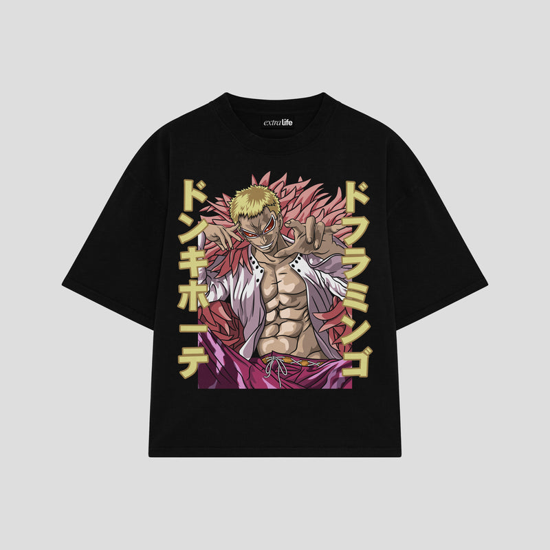 Playera streetwear premium de anime y gaming ExtraLife MX, corte boxy oversized drop shoulder heavyweight en color Deep Black y Off-White, moda urbana mexicana de culto.