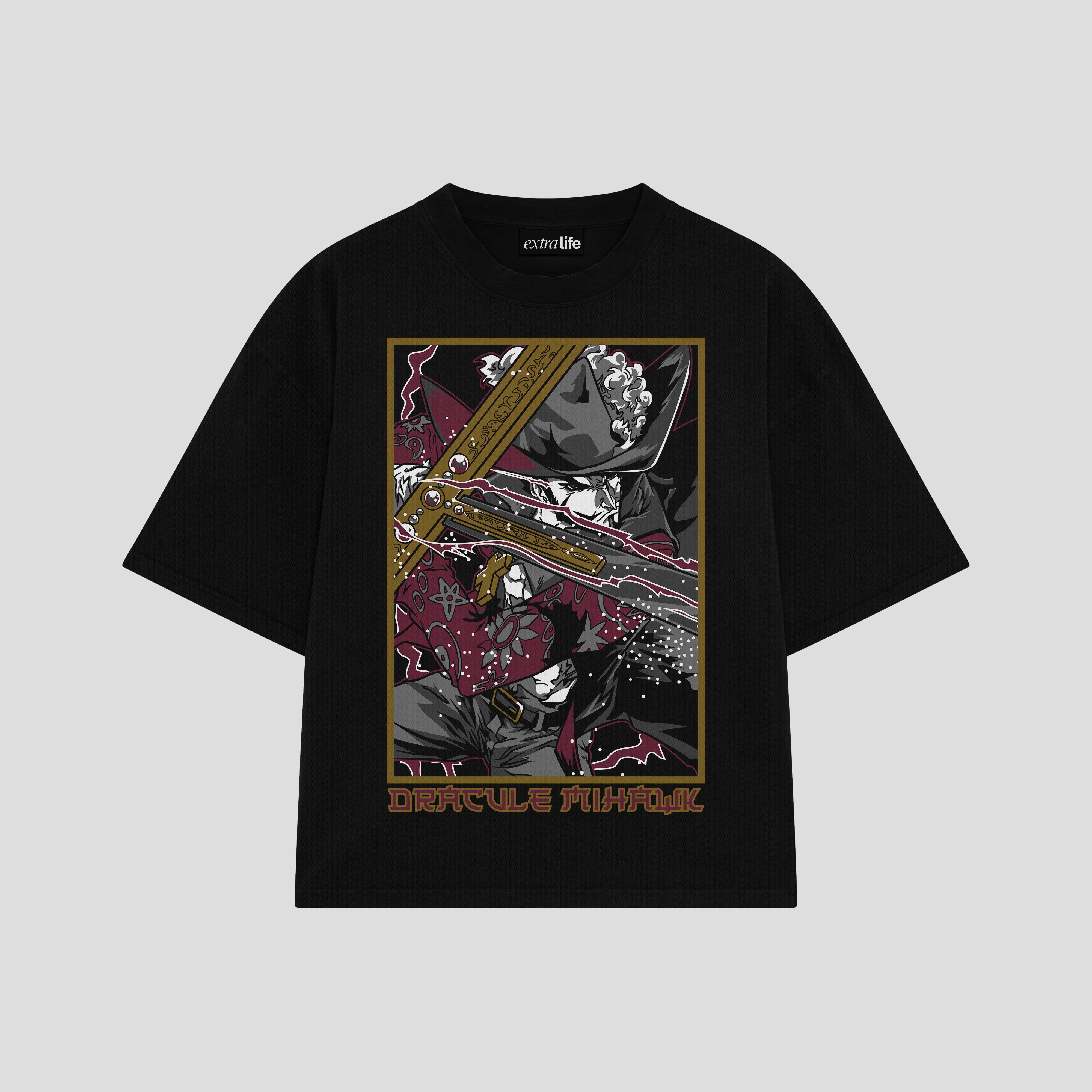 Playera streetwear premium de anime y gaming ExtraLife MX, corte boxy oversized drop shoulder heavyweight en color Deep Black y Off-White, moda urbana mexicana de culto.