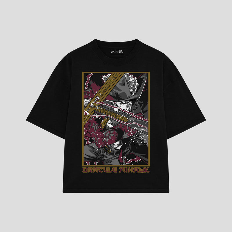 Playera streetwear premium de anime y gaming ExtraLife MX, corte boxy oversized drop shoulder heavyweight en color Deep Black y Off-White, moda urbana mexicana de culto.