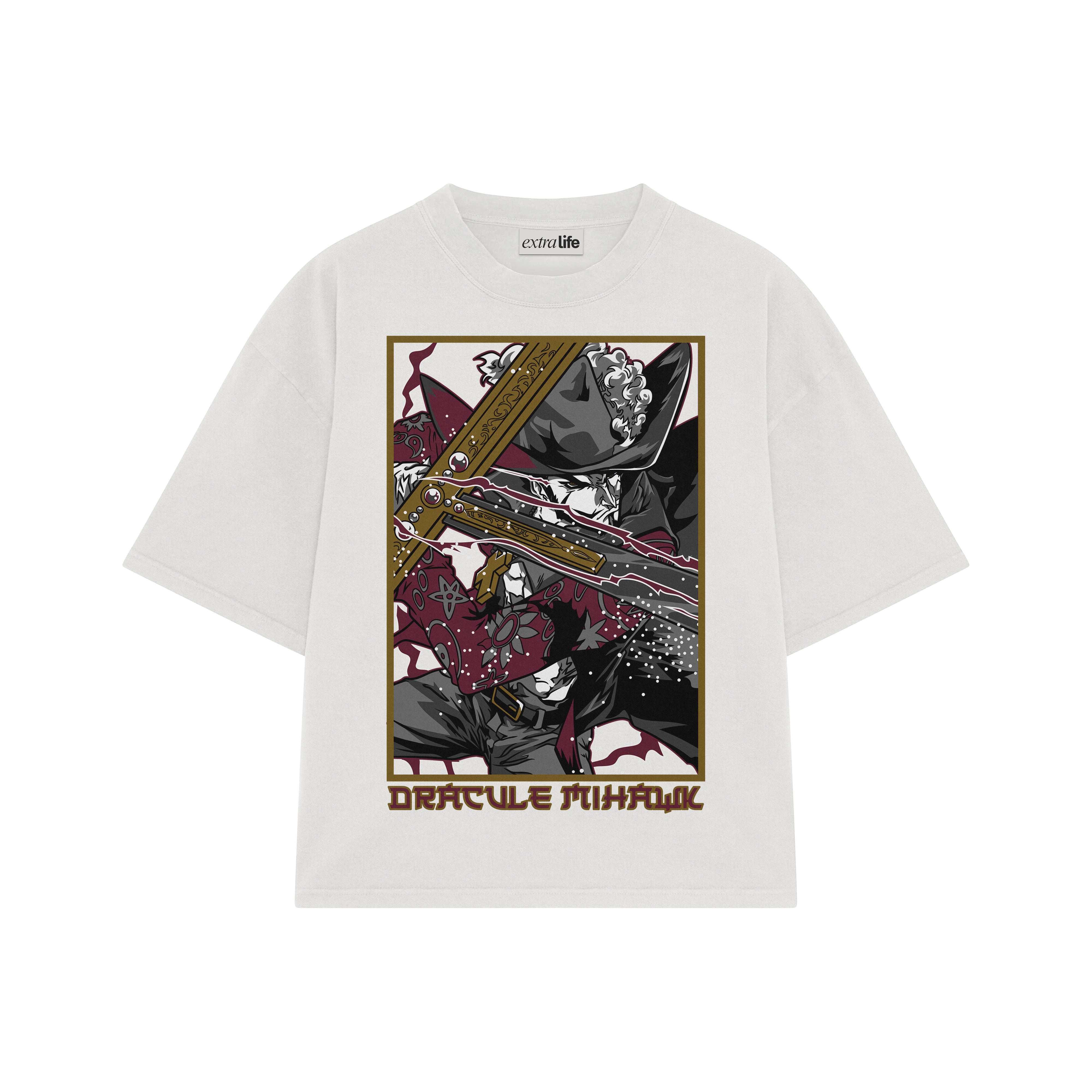 Playera streetwear premium de anime y gaming ExtraLife MX, corte boxy oversized drop shoulder heavyweight en color Deep Black y Off-White, moda urbana mexicana de culto.