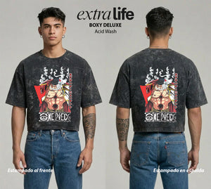 Playera streetwear premium de anime y gaming ExtraLife MX, corte boxy deluxe mineral wash heavyweight en color Acid Wash, moda urbana mexicana de culto.