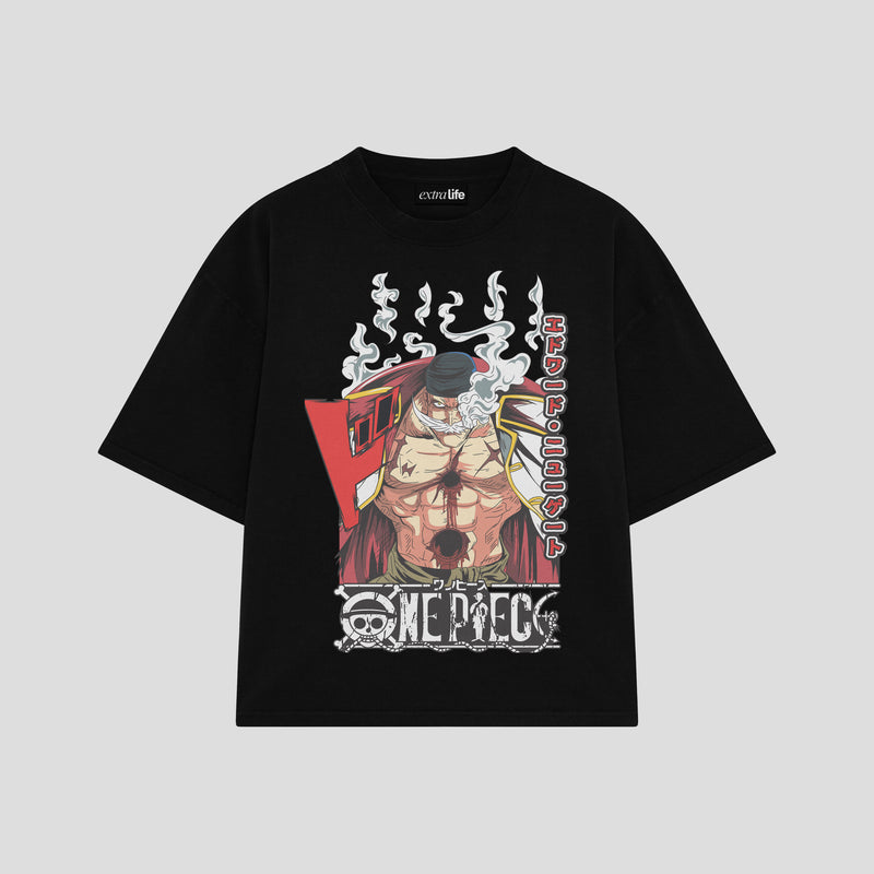 Playera streetwear premium de anime y gaming ExtraLife MX, corte boxy oversized drop shoulder heavyweight en color Deep Black y Off-White, moda urbana mexicana de culto.