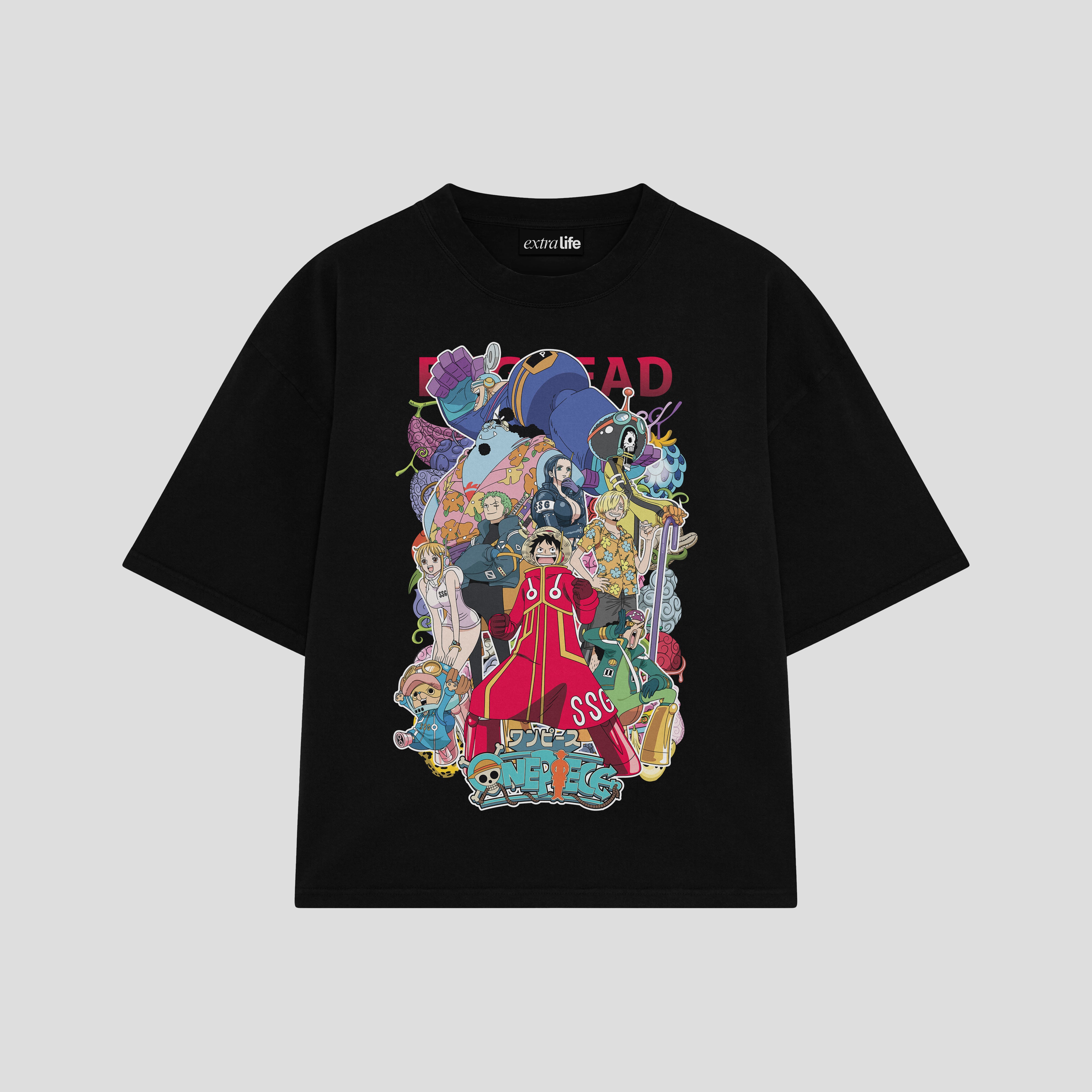 Playera streetwear premium de anime y gaming ExtraLife MX, corte boxy oversized drop shoulder heavyweight en color Deep Black y Off-White, moda urbana mexicana de culto.