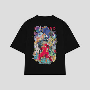 Playera streetwear premium de anime y gaming ExtraLife MX, corte boxy oversized drop shoulder heavyweight en color Deep Black y Off-White, moda urbana mexicana de culto.