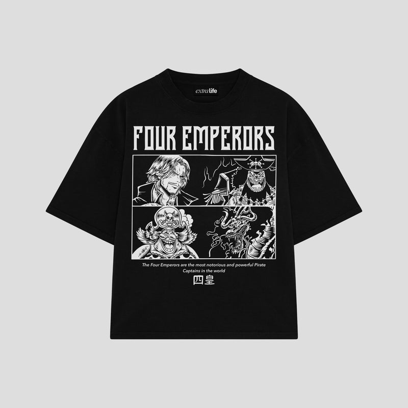 Playera streetwear premium de anime y gaming ExtraLife MX, corte boxy oversized drop shoulder heavyweight en color Deep Black y Off-White, moda urbana mexicana de culto.