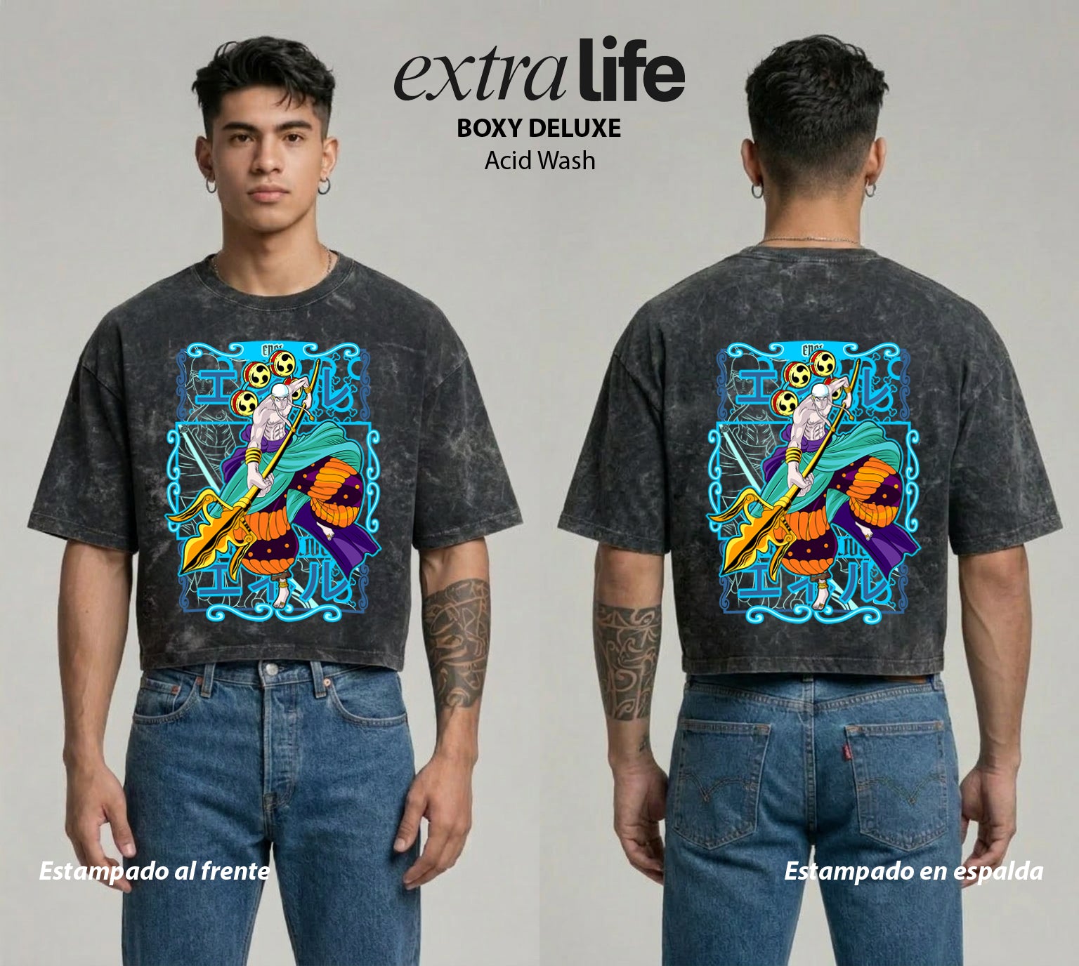 Playera streetwear premium de anime y gaming ExtraLife MX, corte boxy deluxe mineral wash heavyweight en color Acid Wash, moda urbana mexicana de culto.