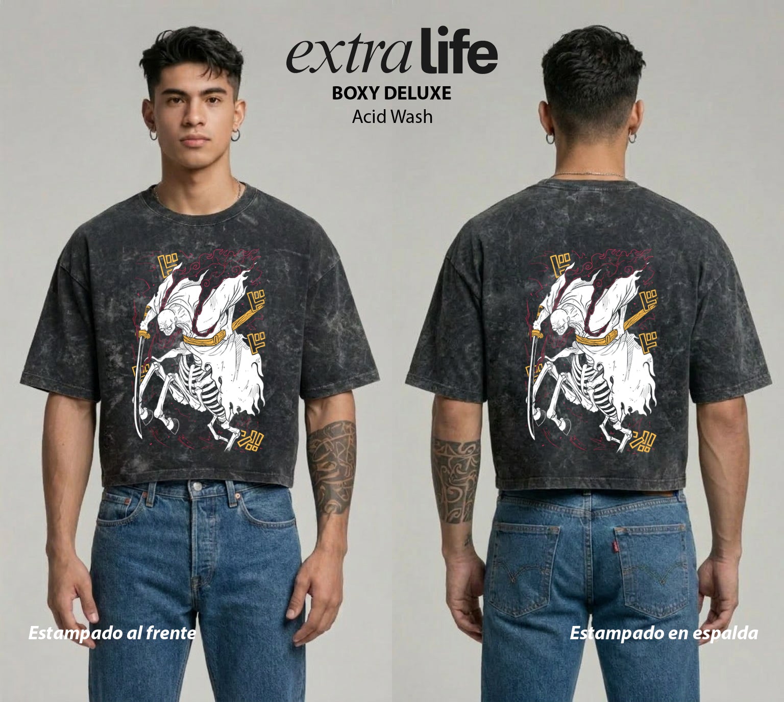 Playera streetwear premium de anime y gaming ExtraLife MX, corte boxy deluxe mineral wash heavyweight en color Acid Wash, moda urbana mexicana de culto.