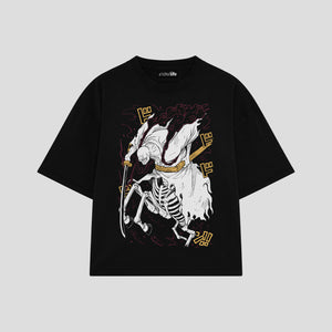 Playera streetwear premium de anime y gaming ExtraLife MX, corte boxy oversized drop shoulder heavyweight en color Deep Black y Off-White, moda urbana mexicana de culto.