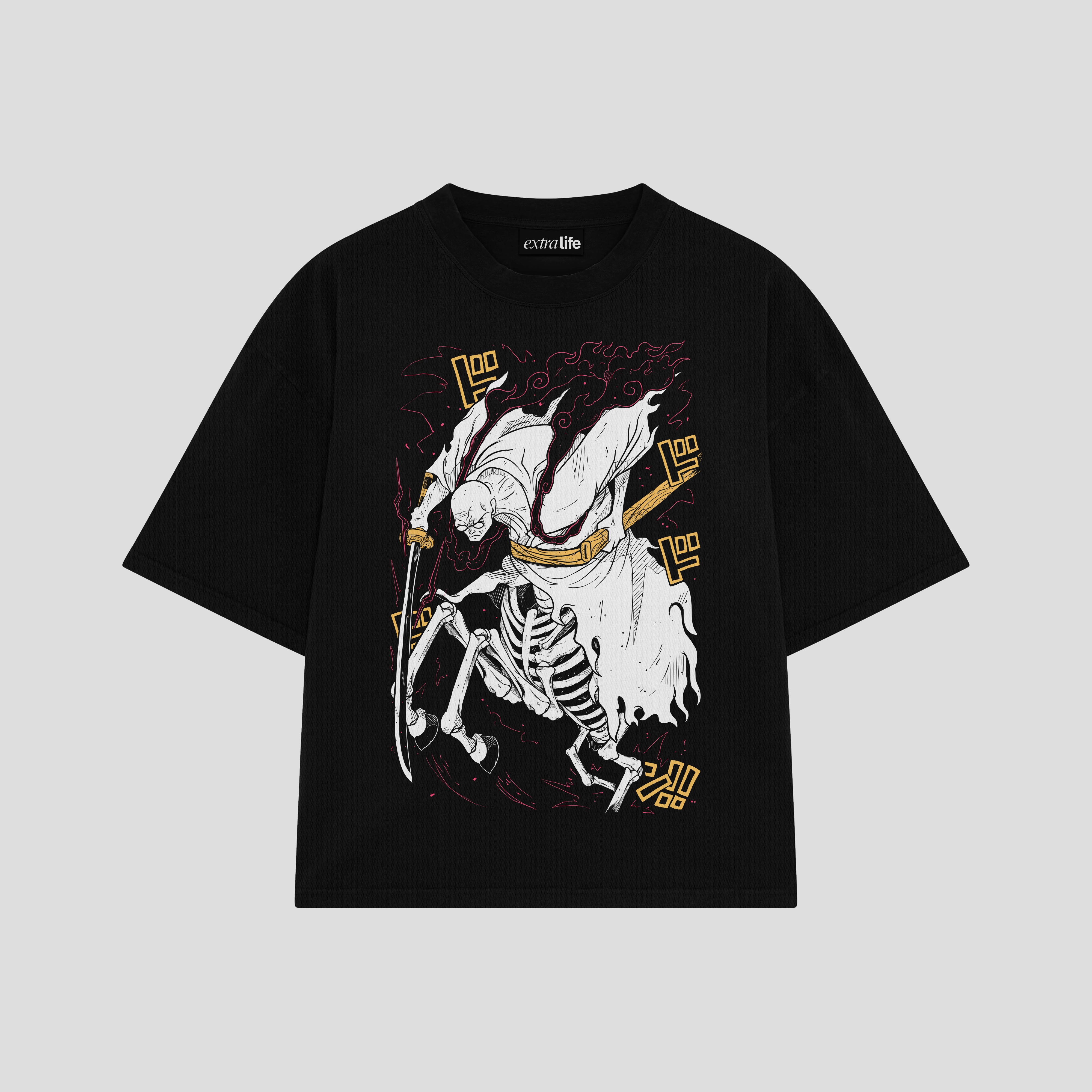 Playera streetwear premium de anime y gaming ExtraLife MX, corte boxy oversized drop shoulder heavyweight en color Deep Black y Off-White, moda urbana mexicana de culto.