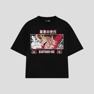 Playera streetwear premium de anime y gaming ExtraLife MX, corte boxy oversized drop shoulder heavyweight en color Deep Black y Off-White, moda urbana mexicana de culto.