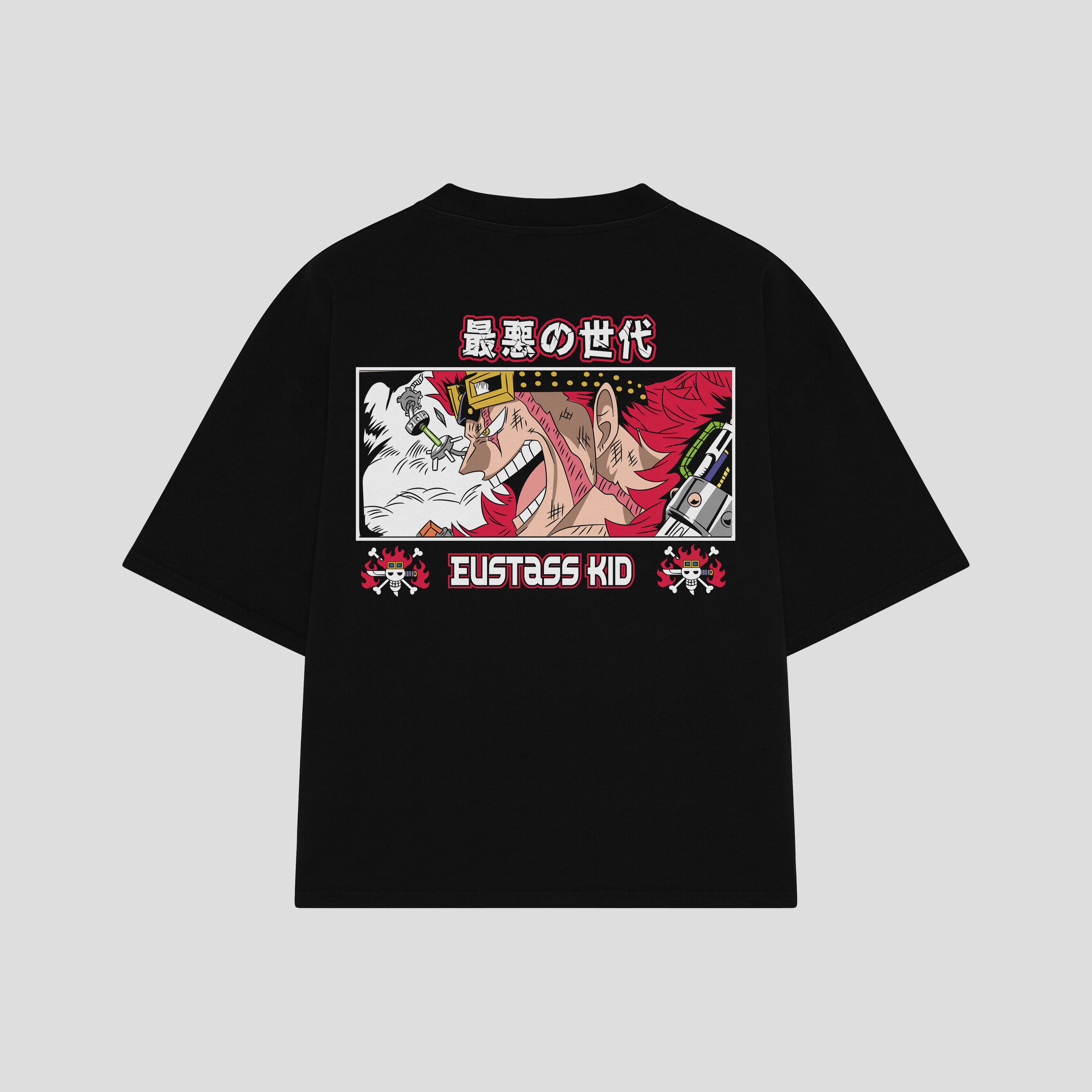 Playera streetwear premium de anime y gaming ExtraLife MX, corte boxy oversized drop shoulder heavyweight en color Deep Black y Off-White, moda urbana mexicana de culto.