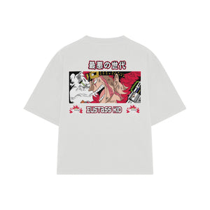 Playera streetwear premium de anime y gaming ExtraLife MX, corte boxy oversized drop shoulder heavyweight en color Deep Black y Off-White, moda urbana mexicana de culto.