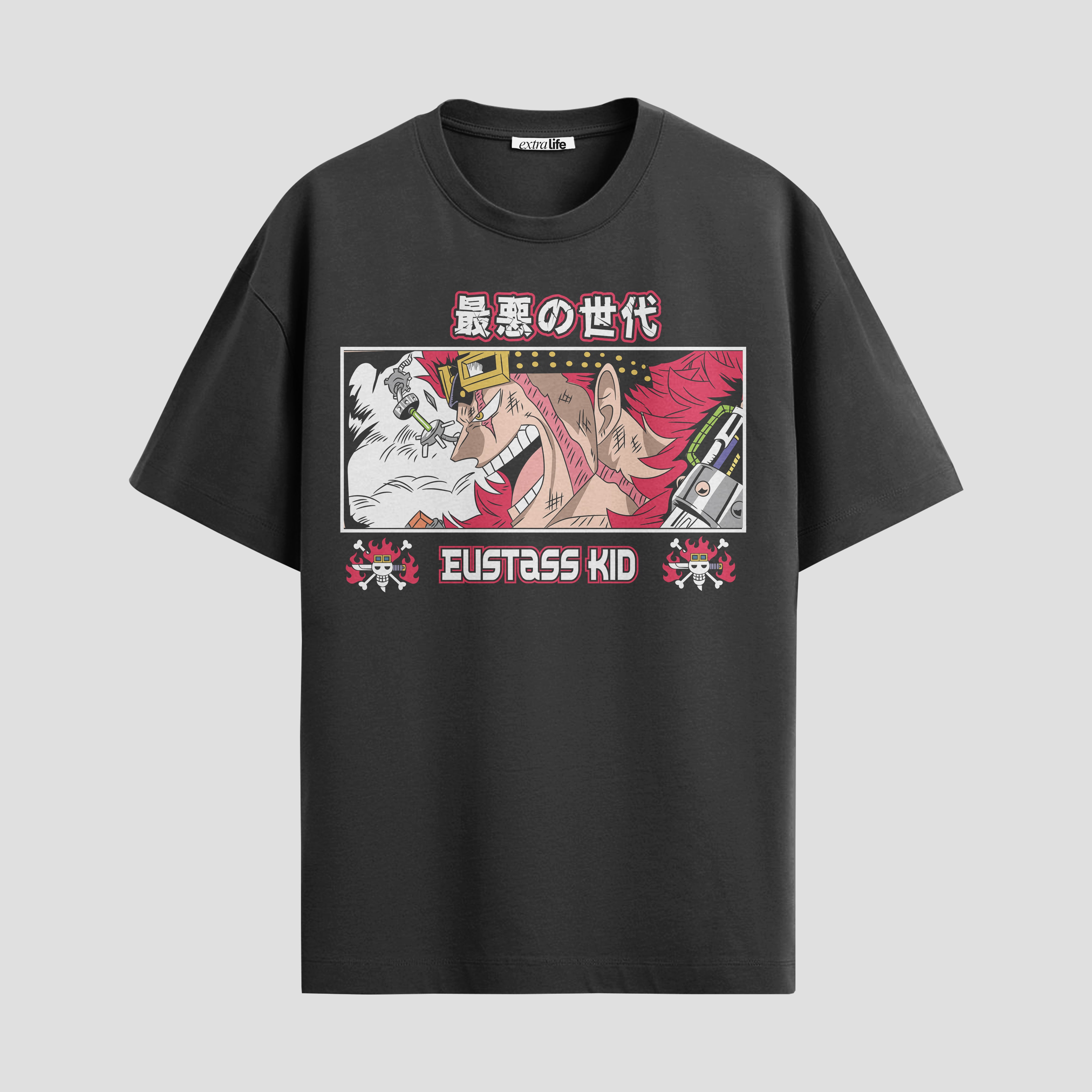 Playera urbana de anime y gaming ExtraLife MX, corte Standard Fit unisex ligero y transpirable en color Deep Black y Pure White, ropa de uso diario para gym y casual.