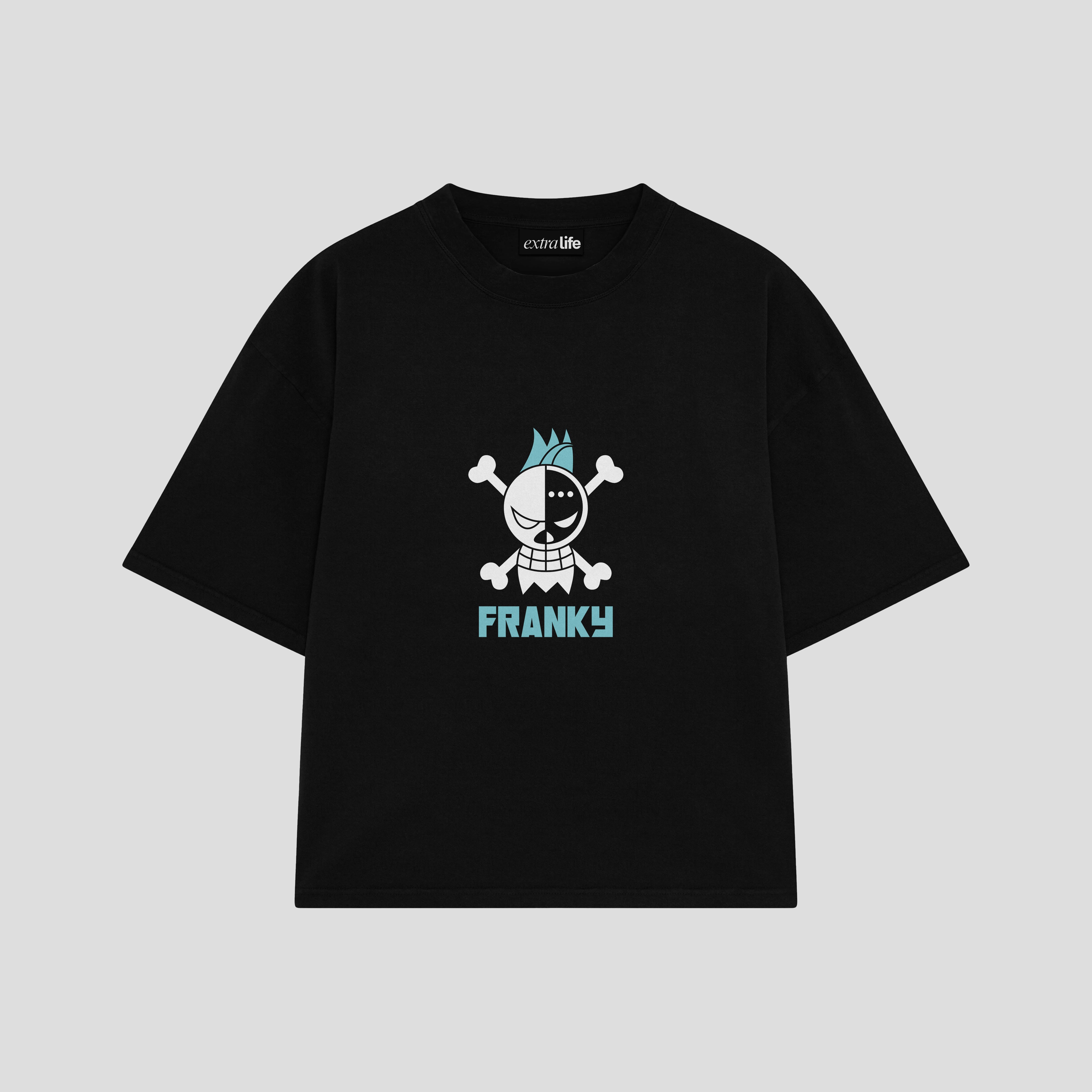 Playera streetwear premium de anime y gaming ExtraLife MX, corte boxy oversized drop shoulder heavyweight en color Deep Black y Off-White, moda urbana mexicana de culto.
