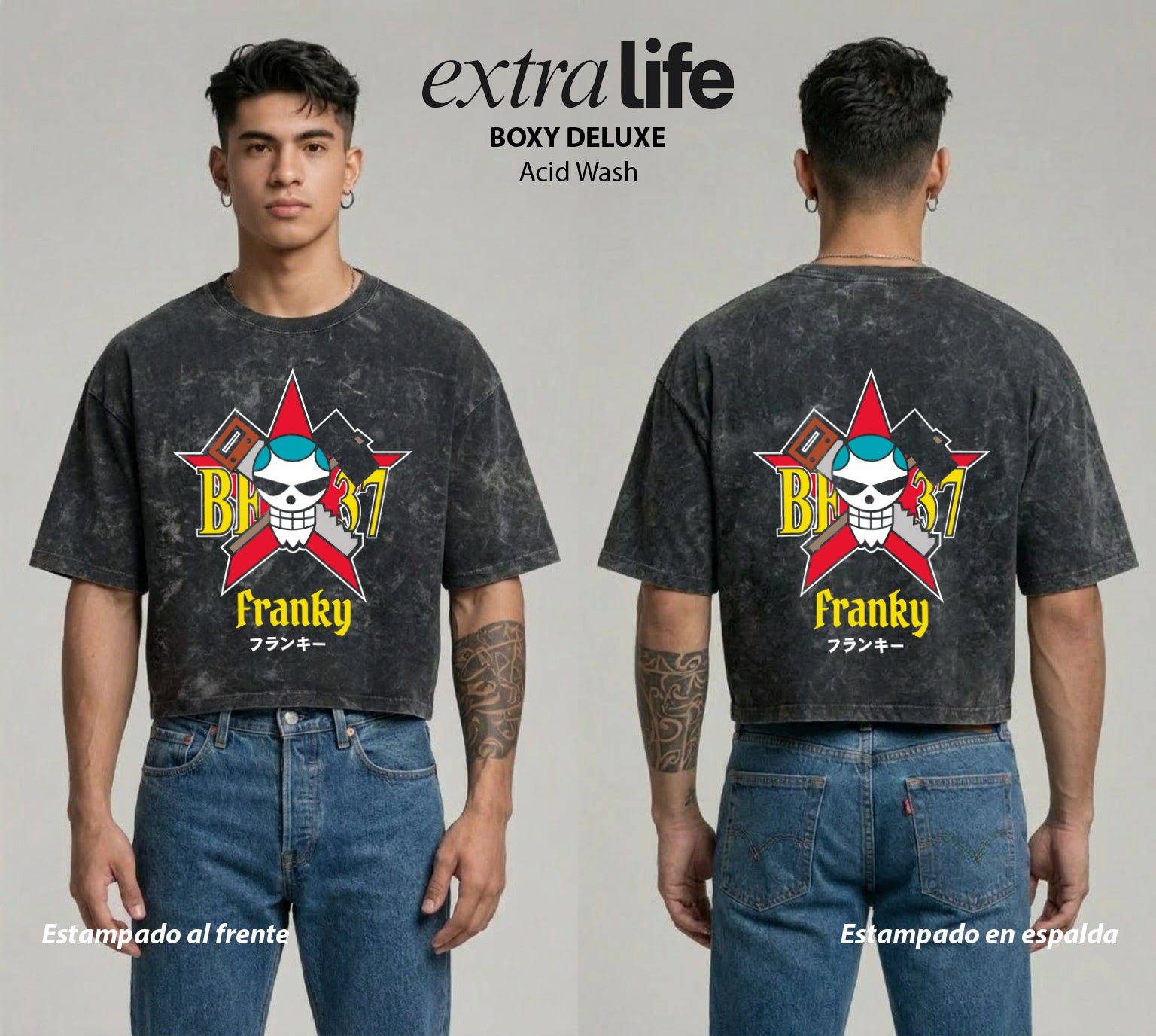 Playera streetwear premium de anime y gaming ExtraLife MX, corte boxy deluxe mineral wash heavyweight en color Acid Wash, moda urbana mexicana de culto.