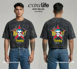 Playera streetwear premium de anime y gaming ExtraLife MX, corte boxy deluxe mineral wash heavyweight en color Acid Wash, moda urbana mexicana de culto.