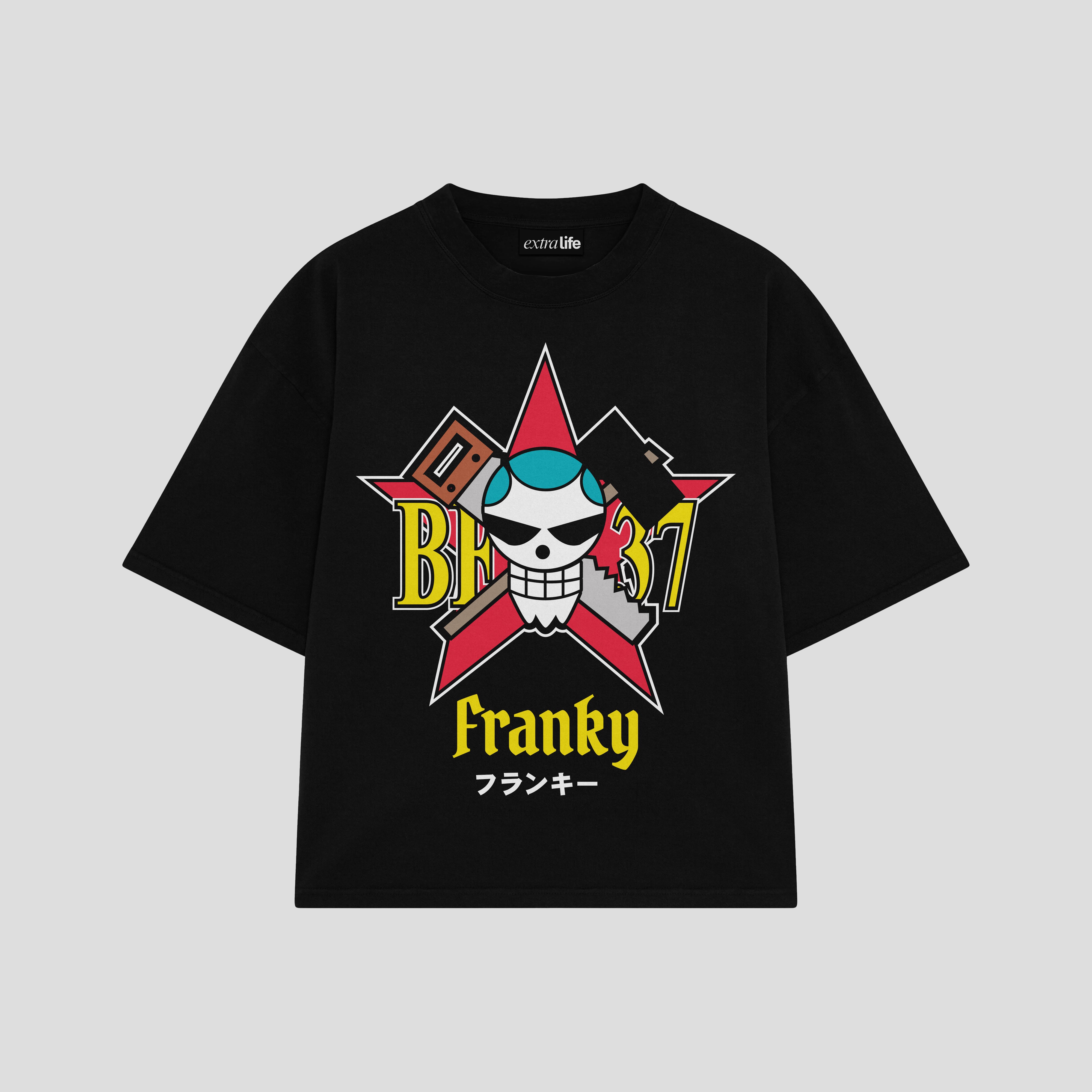 Playera streetwear premium de anime y gaming ExtraLife MX, corte boxy oversized drop shoulder heavyweight en color Deep Black y Off-White, moda urbana mexicana de culto.