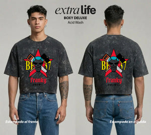 Playera streetwear premium de anime y gaming ExtraLife MX, corte boxy deluxe mineral wash heavyweight en color Acid Wash, moda urbana mexicana de culto.