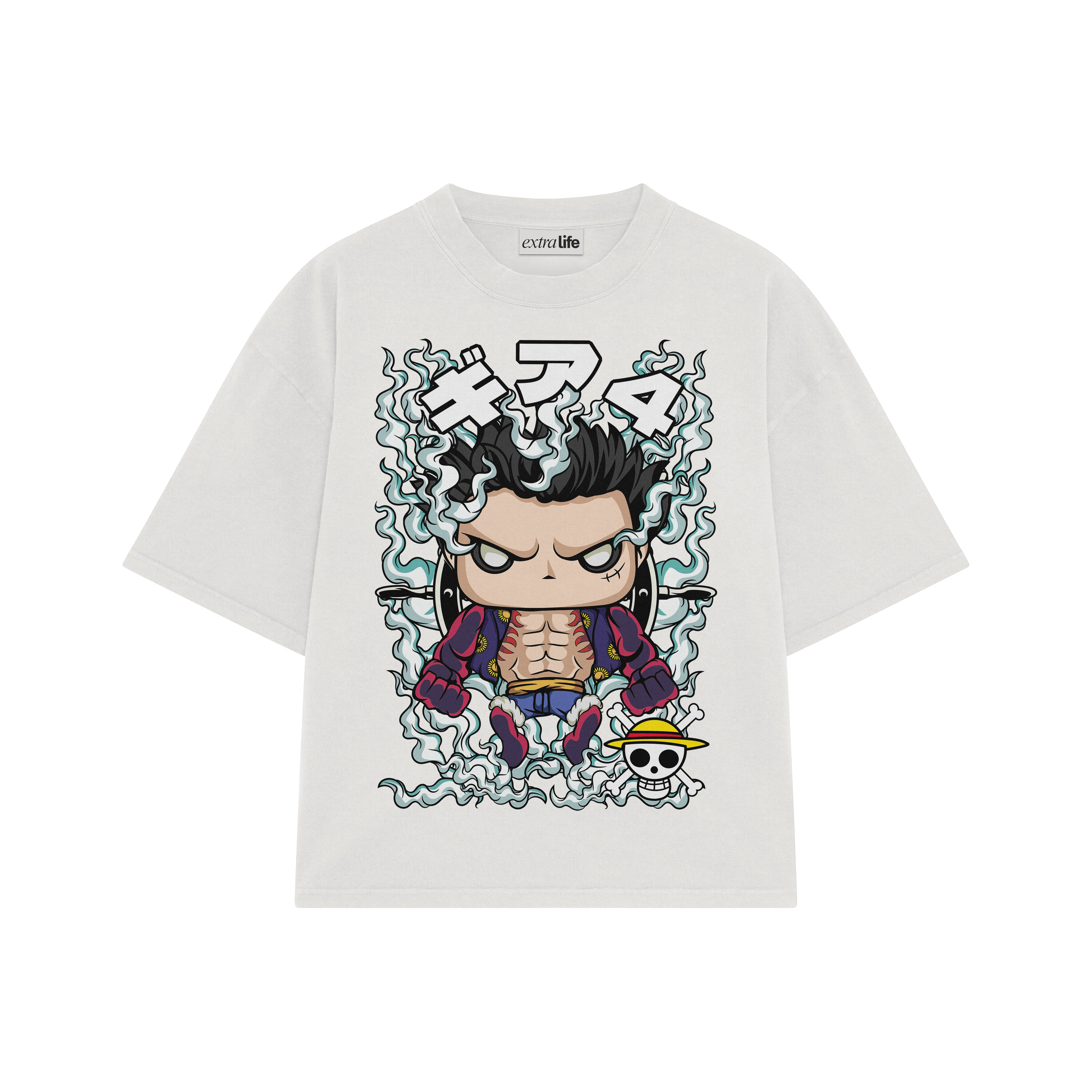 Playera streetwear premium de anime y gaming ExtraLife MX, corte boxy oversized drop shoulder heavyweight en color Deep Black y Off-White, moda urbana mexicana de culto.