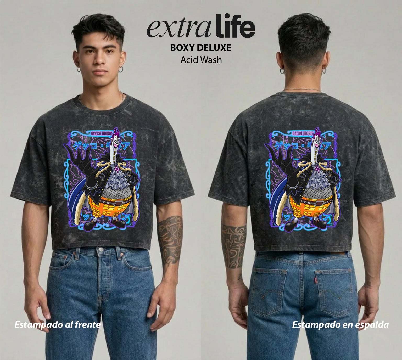Playera streetwear premium de anime y gaming ExtraLife MX, corte boxy deluxe mineral wash heavyweight en color Acid Wash, moda urbana mexicana de culto.