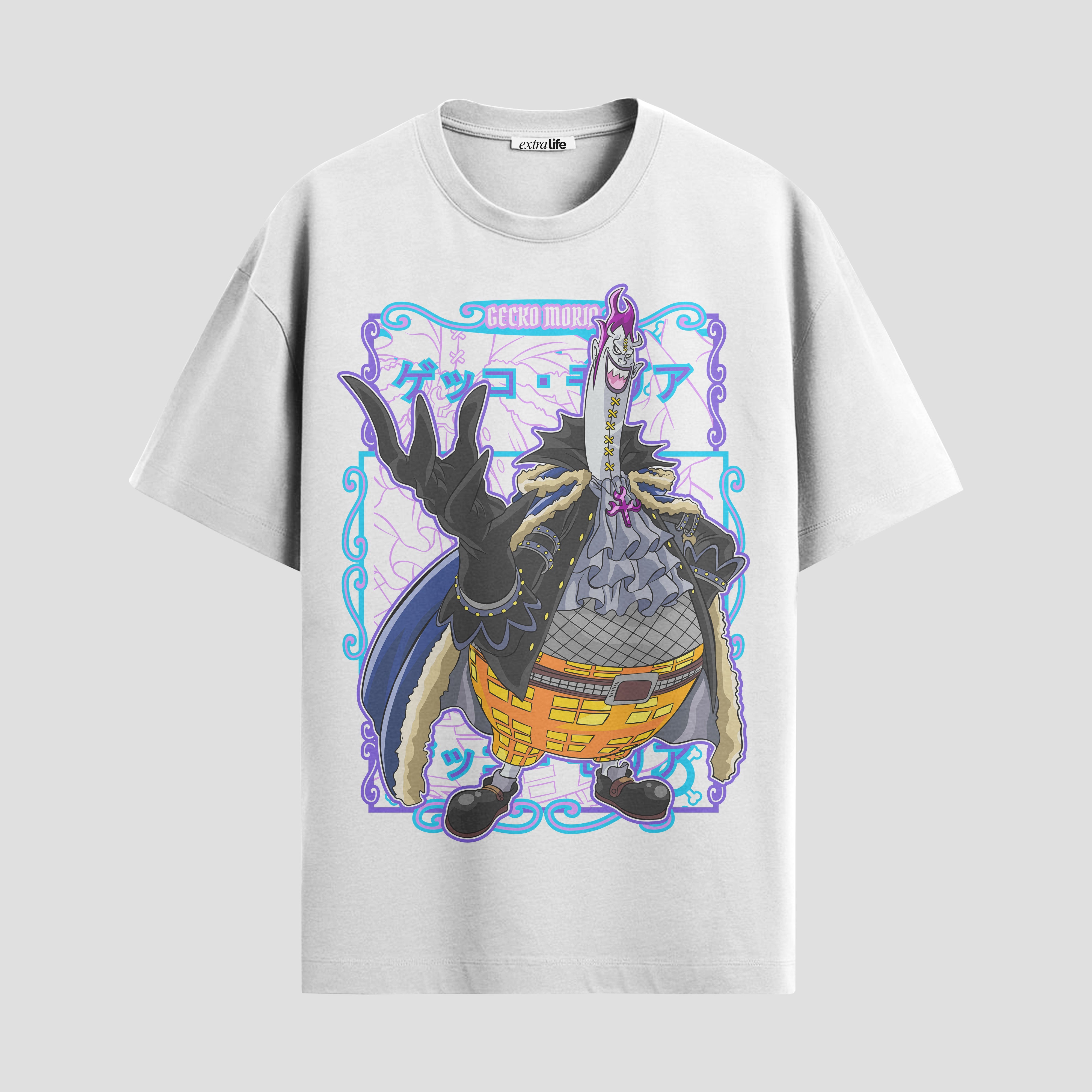 Playera urbana de anime y gaming ExtraLife MX, corte Standard Fit unisex ligero y transpirable en color Deep Black y Pure White, ropa de uso diario para gym y casual.