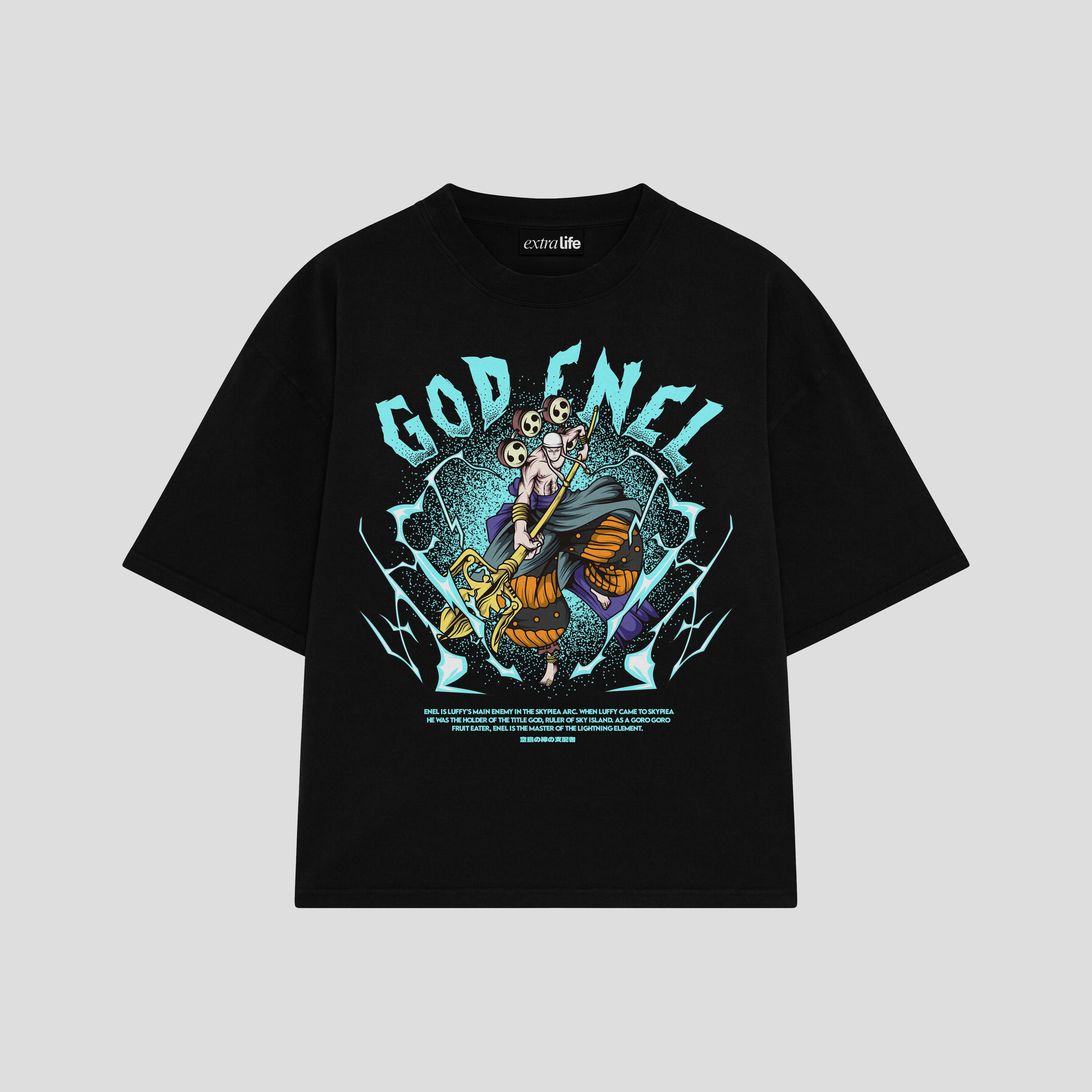 Playera streetwear premium de anime y gaming ExtraLife MX, corte boxy oversized drop shoulder heavyweight en color Deep Black y Off-White, moda urbana mexicana de culto.