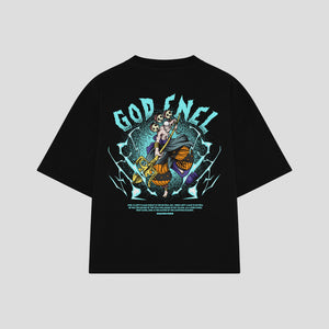 Playera streetwear premium de anime y gaming ExtraLife MX, corte boxy oversized drop shoulder heavyweight en color Deep Black y Off-White, moda urbana mexicana de culto.